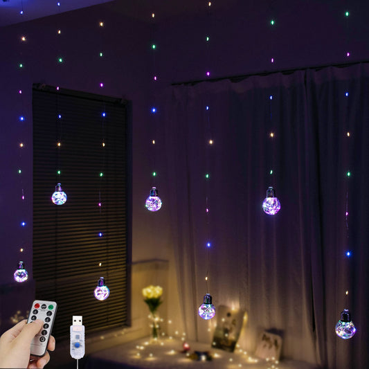 YOLIGHT Wishing Ball Curtain Lights 200 LED Window Curtain String Light with Remote, USB Battery Powered Twinkle Globe Fairy Lights for Wedding Party Bedroom Christmas Decoration (Multi-Colored)