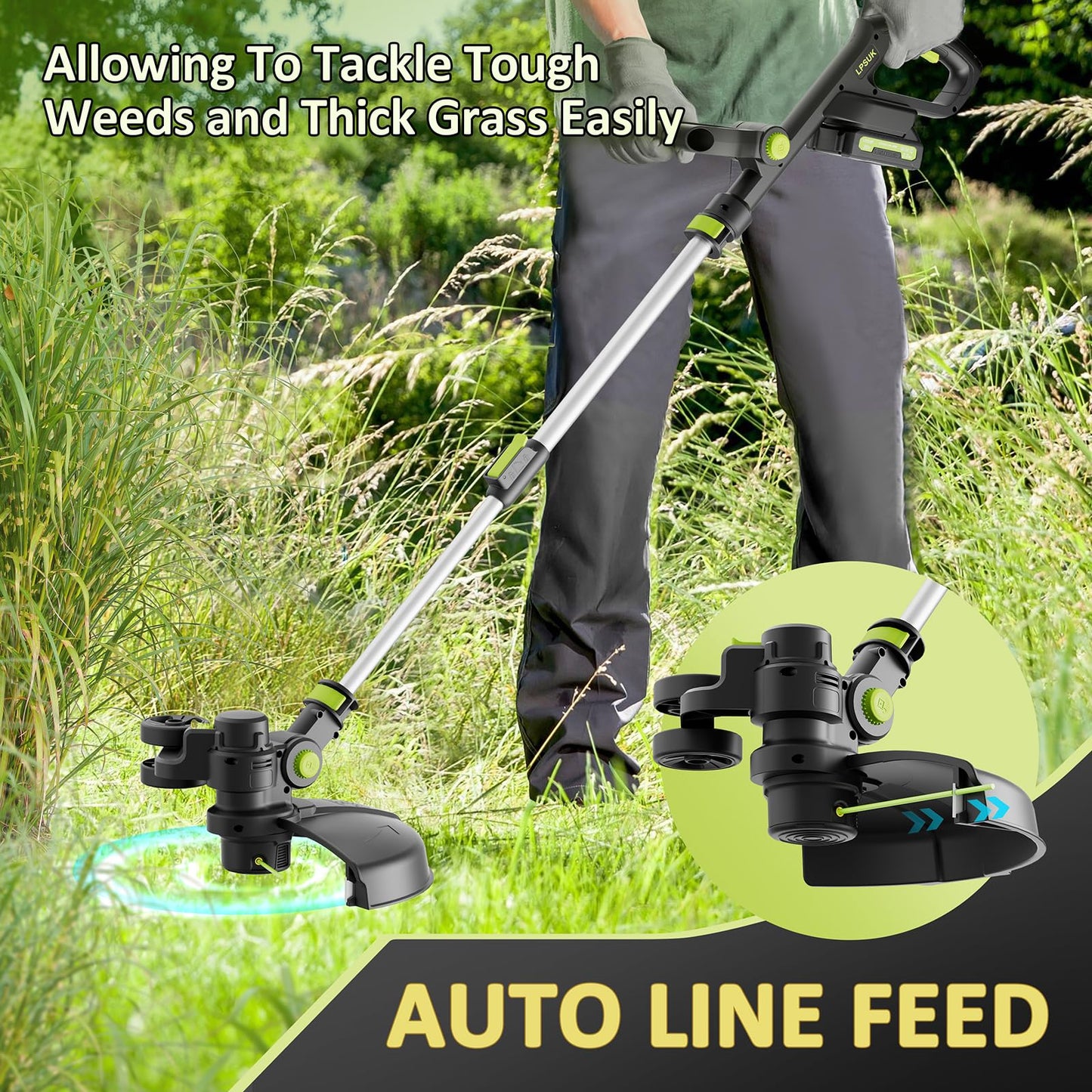 20V Cordless String Trimmer, Two 2.0Ah Battery Powered with Fast Charger, 12'' Grass Cutter with Auto Line Feed, 3-in-1 Electric Lawn Mower Grass Trimmer&Edger Lawn Tool with 8 Lines for Yard, Garden