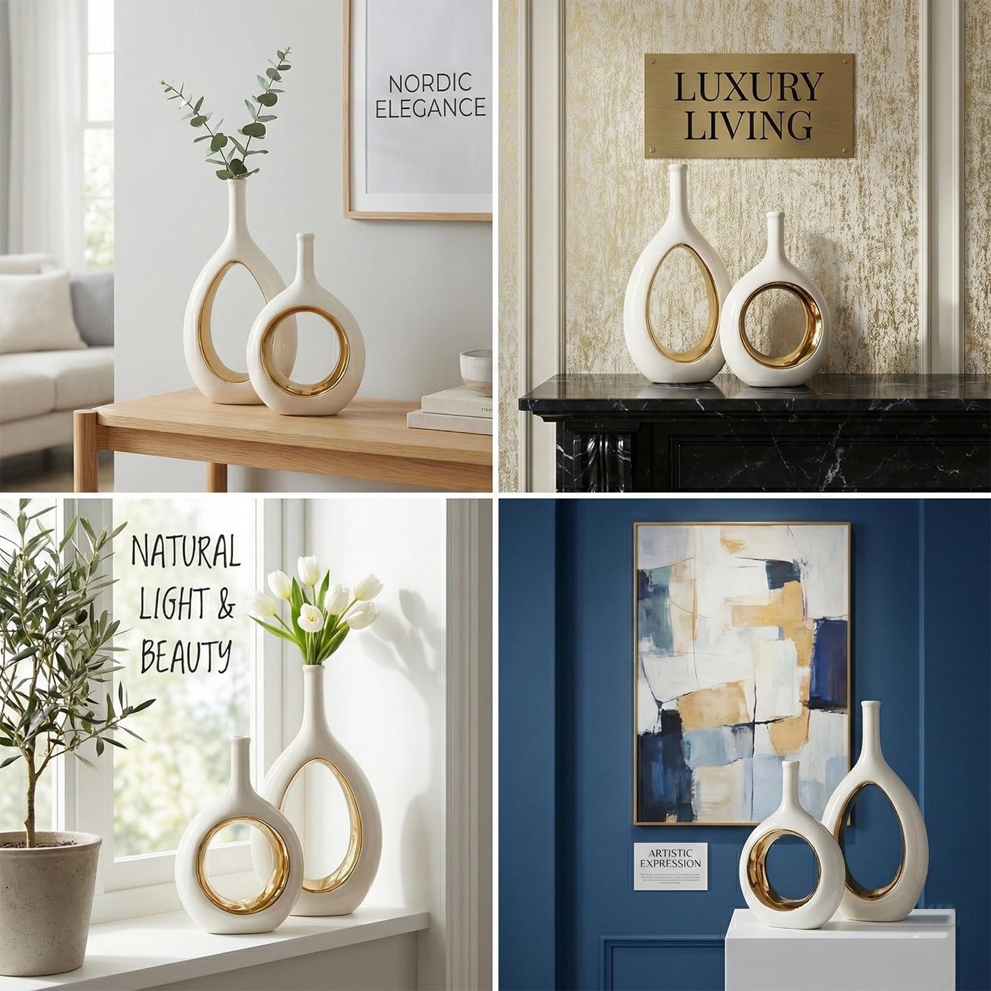 White and Gold Vase Ceramic White Vases Home Decor,Modern Minimalist Circle with Hole Decorative Vase, Hollow Ellipse Flower vases for Bookshelf, Fireplace Mantle, Centerpieces,Farmhouse,Rustic Décor