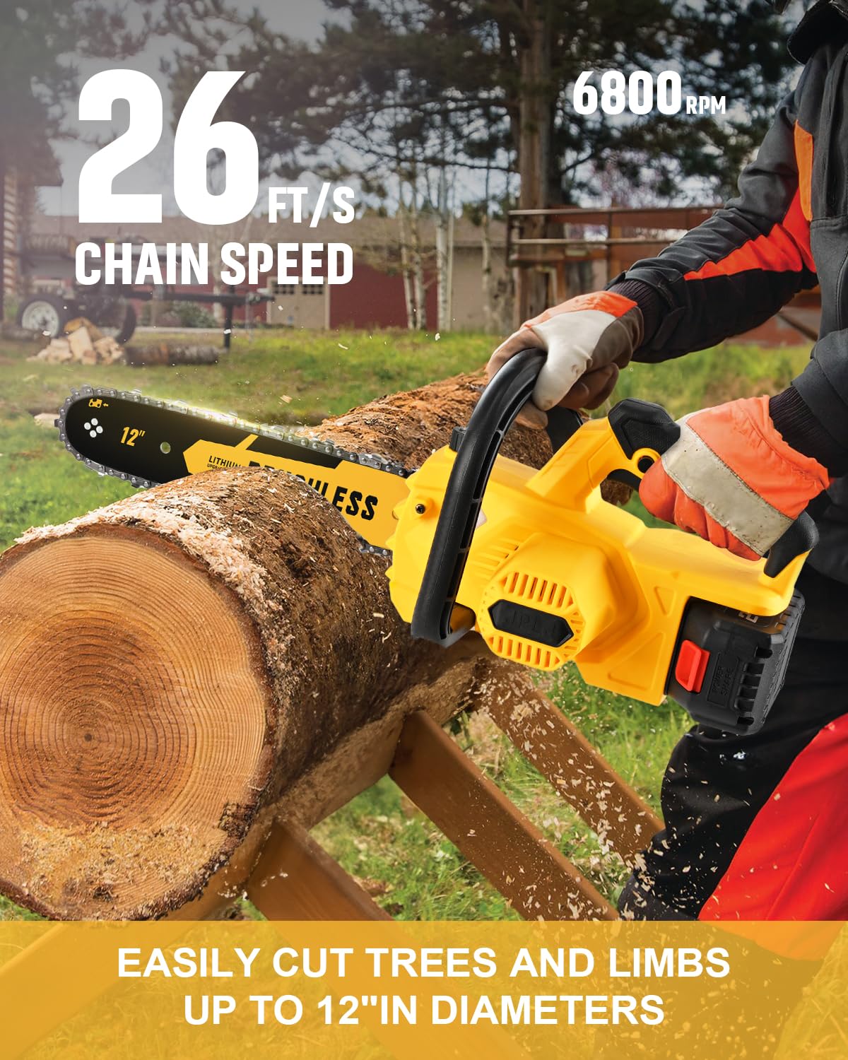 12 Inch Brushless Cordless Chainsaw for 20v Max Battery with Auto Oiler, 45Ft/s 1100W Electric High-Efficiency, No Installation Required, Yellow (Battery Not Included)