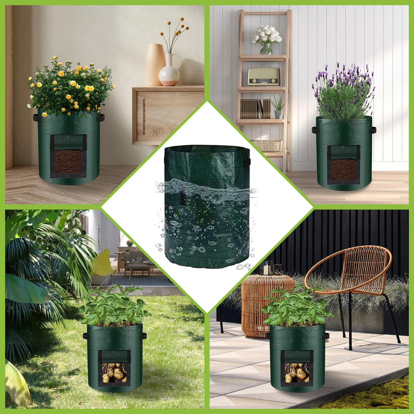 LITLANDSTAR 6 Pack Potato Grow Bags, 15 Gallon Grow Bags Garden Planting Bags with Flap Windows and Handles, Vegetable Grow Bags for Potato, Onion, Tomato, Carrot (Dark Green)
