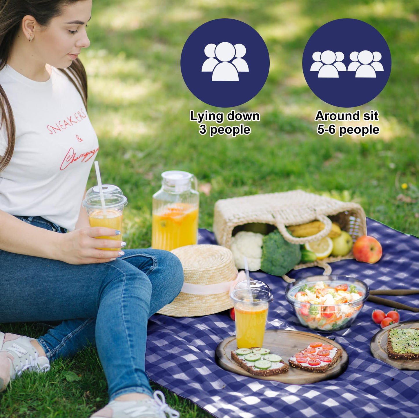 HunnmingRe 6 Pcs Disposable Outdoor Picnic Blankets 71''x71'' Thicken Foldable Waterproof Picnic Mats Gingham Oil Proof Camping Blankets with 4 Ground Spikes Beach Travel Hiking (Navy Blue and White)