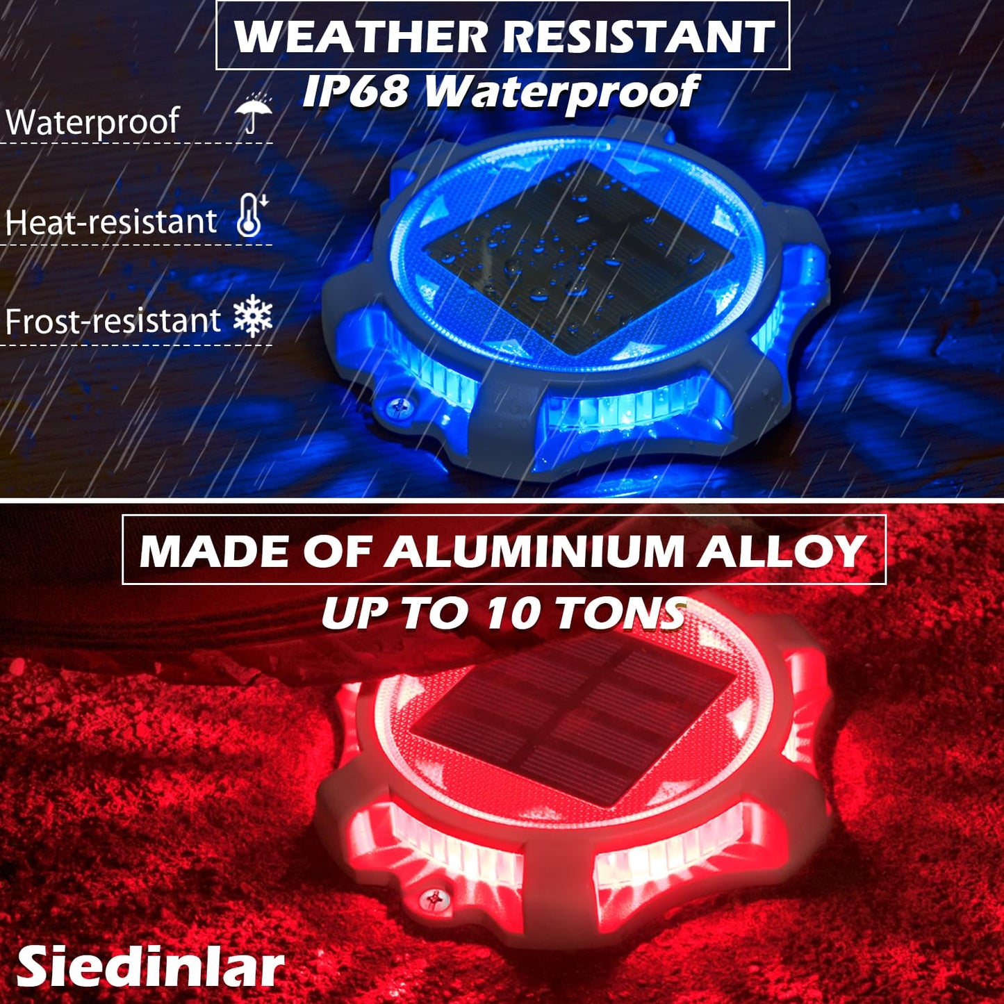 SIEDiNLAR Solar Deck Lights Outdoor 2 Modes LED Driveway Markers Dock Light Solar Powered Waterproof for Step Walkway Ground Stair Pathway Yard Road Garden 4 Pack (Blue/Red)