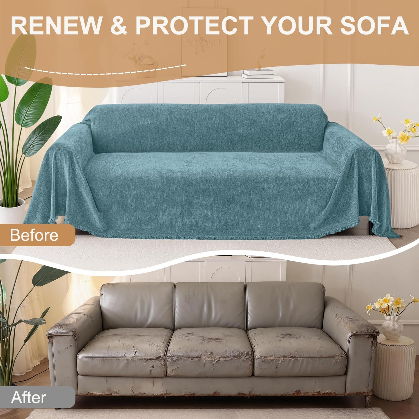 Smiry Couch Cover for Dogs, Washable Chenille Sofa Covers for 3 Cushion Couch, Soft Sofa Slipcover for Pets, Thick Sectional Furniture Protector with Tassels (Blue, 88.5x134 Inch)