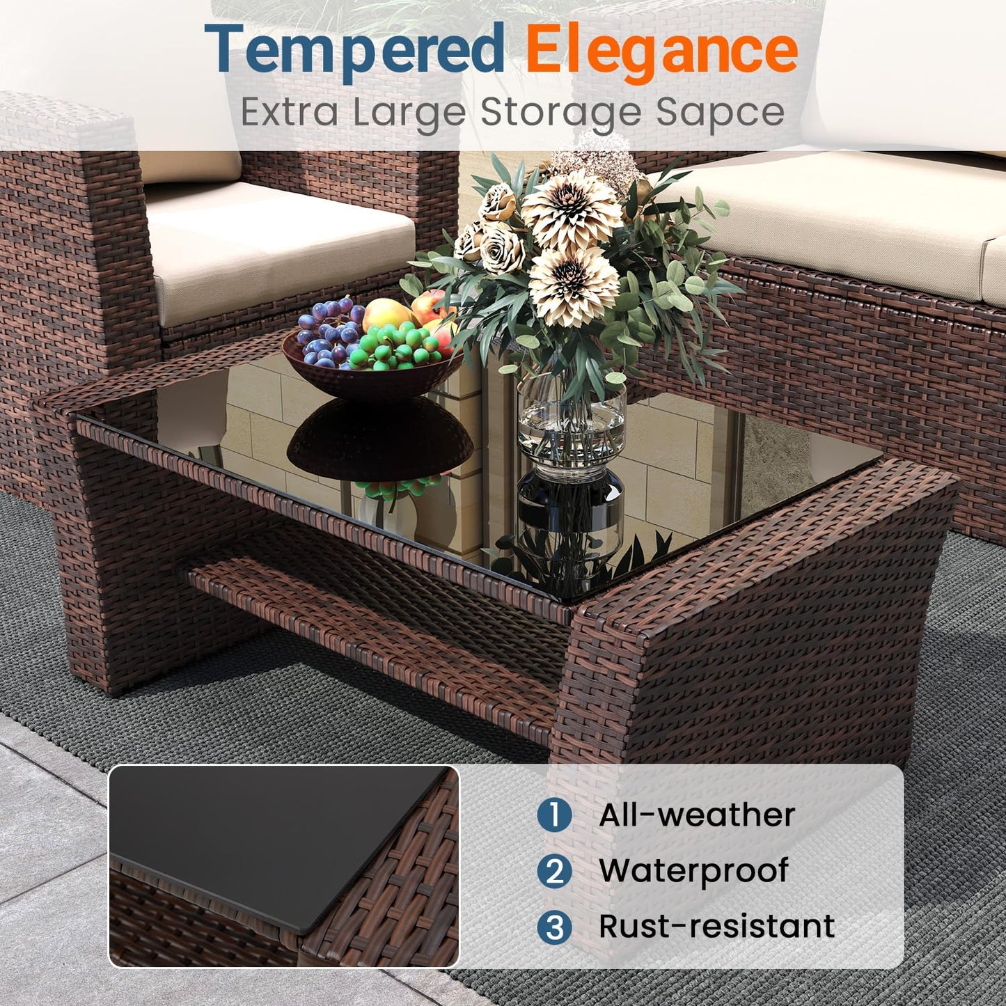 Wisteria Lane 5 Piece Outdoor Patio Furniture Sets, Wicker Conversation Set for Porch Deck, Brown Rattan Sofa Chair with Cushion