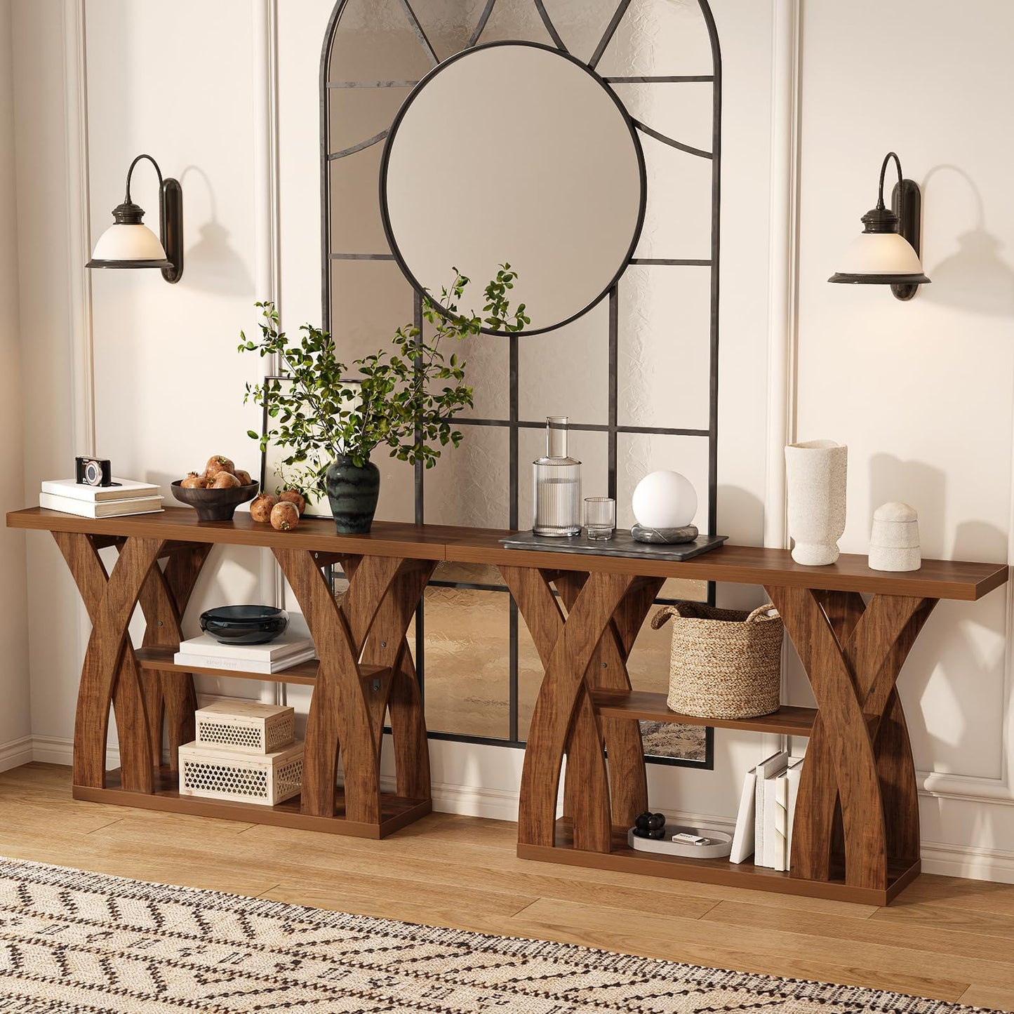 Tarnorci Console Tables, 55-Inches Walnut Console Table with Storage 3-Tier Farmhouse Narrow Entryway Table for Living Room, Hallway, Foyer(Brown)
