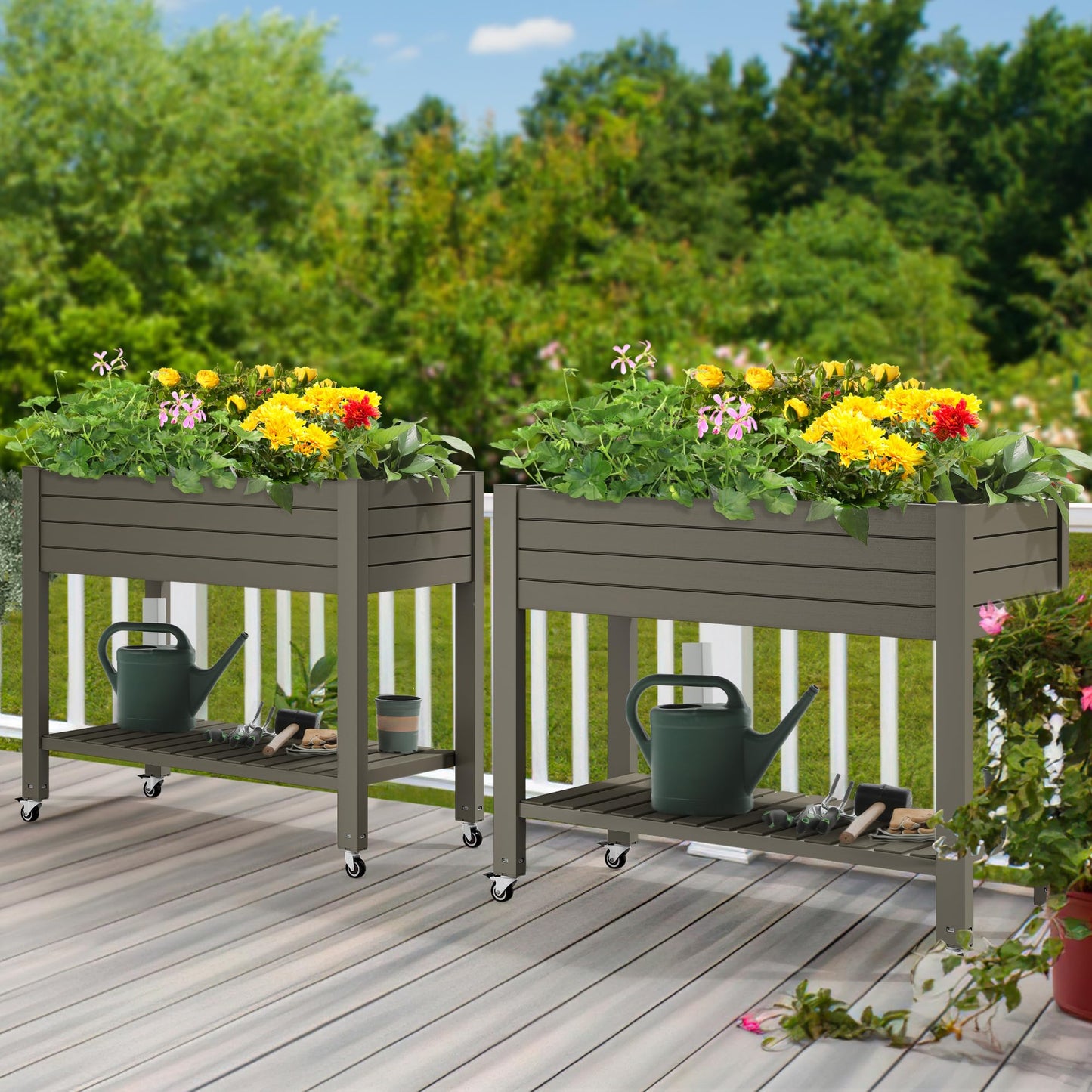 YITAHOME 43.3x17.7x34 in Elevated Garden Bed, Outdoor Plastic Planter Box with Wheels, Legs, Drain Plug, and Storage Shelf for Plants, Vegetables, Flowers, Herbs, Light Brown