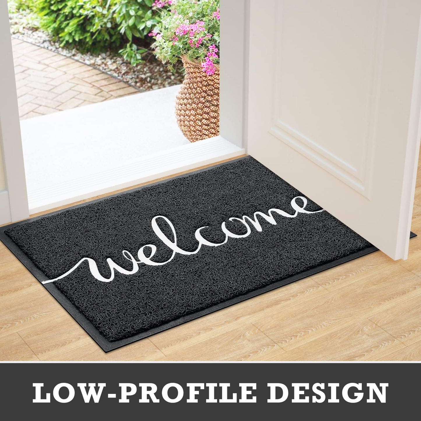 CozyBounty Black Door Mat Welcome Mats Outdoor Indoor Non-Slip Doormat for Entryway Low-Profile Floor Mat for Yard, Garage, High Traffic Areas (36"x24", Black)