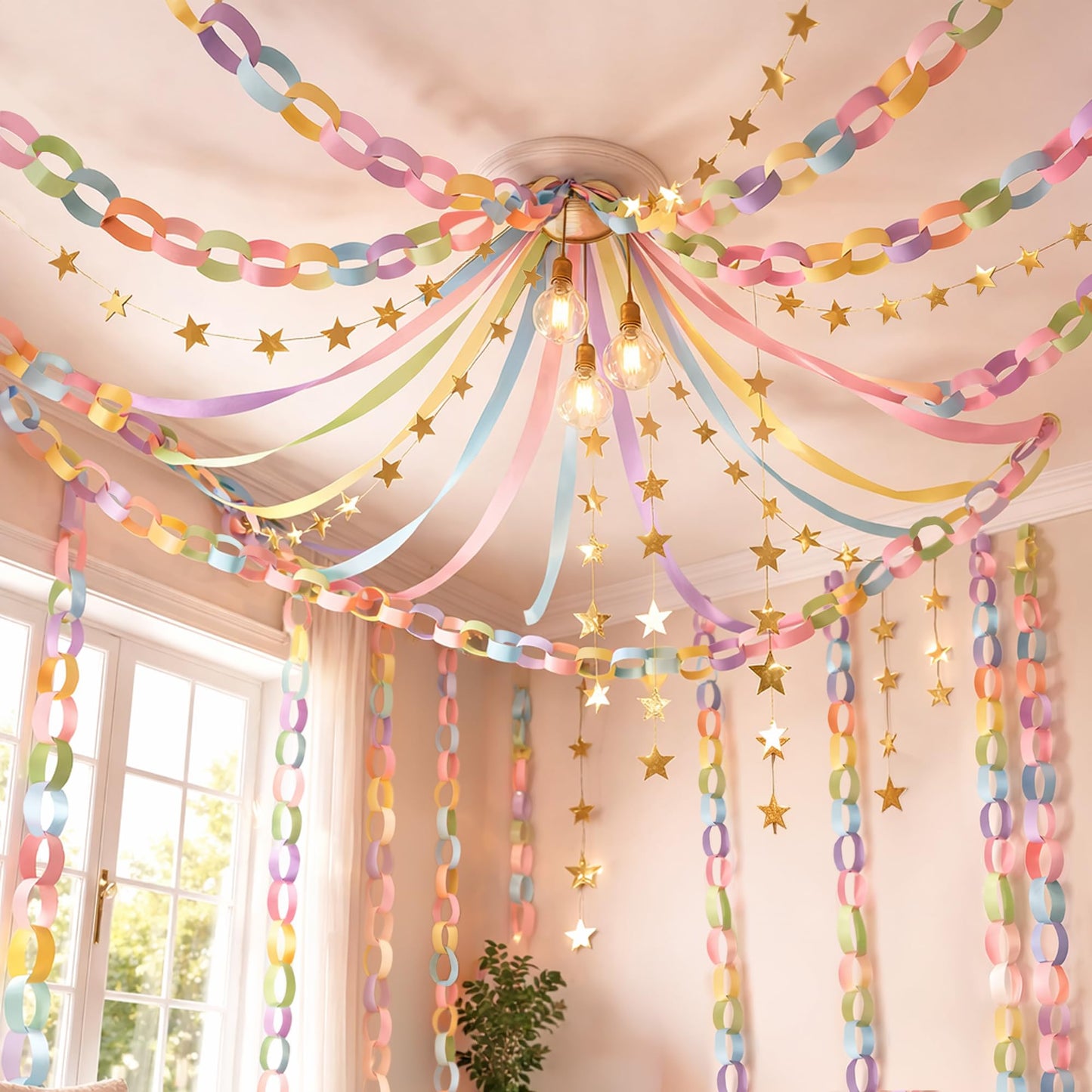 Gleebixi Pastel Birthday Party Decorations Kit with 492ft Crepe Paper Streamers, 300 Sheets Paper Chain Strips and 78.6ft Gold Star Garland for Hanging Decor