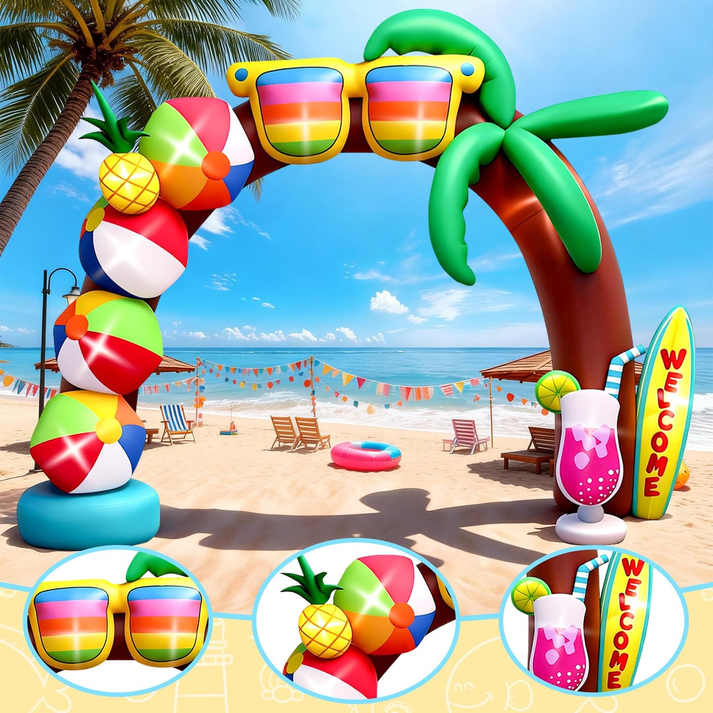 Kalolary 10FT Tall Summer Inflatable Outdoor Decorations, Beach Ball Archway Blow Up Inflatable Arch with Build-in Lights for Beach Party Pool Party Yard Garden Summer Decors