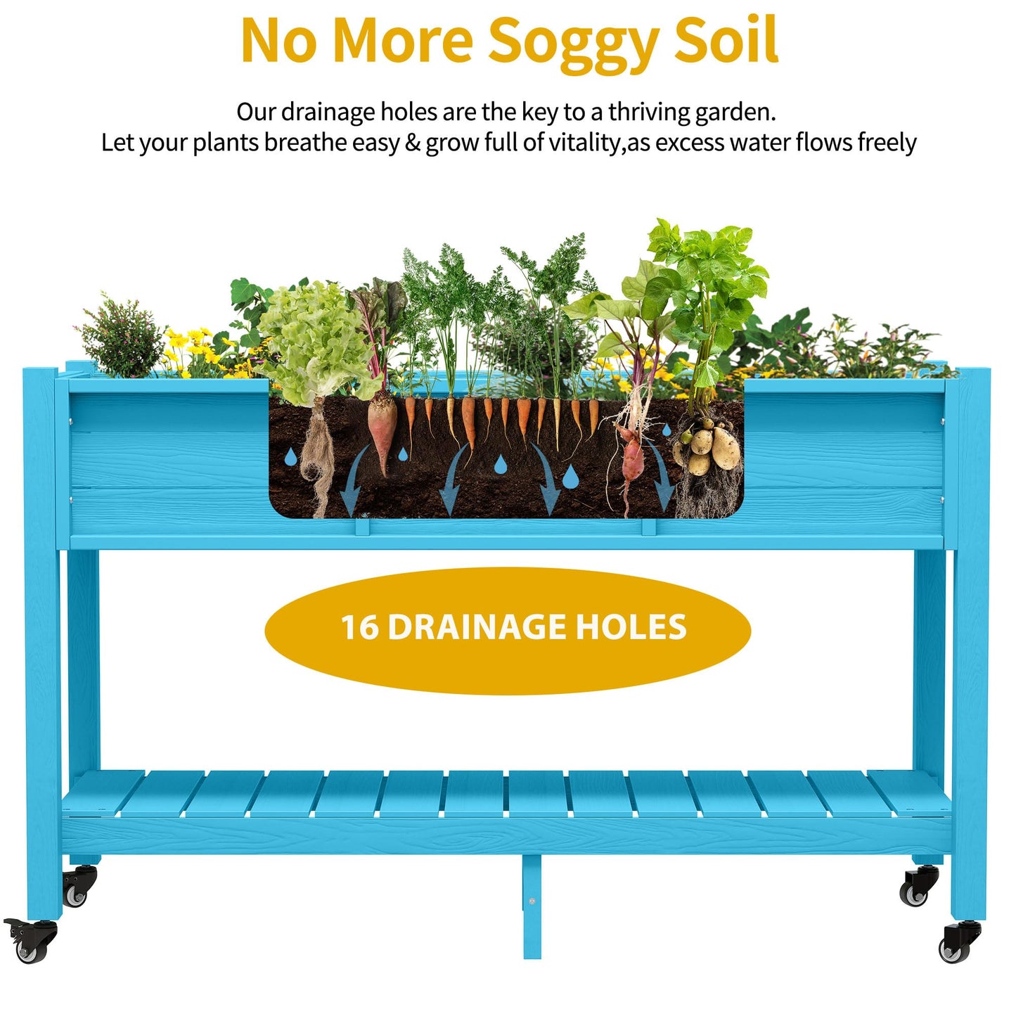 DWVO 47x18x31in Raised Garden Bed HDPE, Weather-Resistant Poly Wood Planter Box Stand, Planter Box with Legs, Storage Shelf & Lockable Wheels, Elevated Garden Bed for Backyard Patio - Aruba Blue