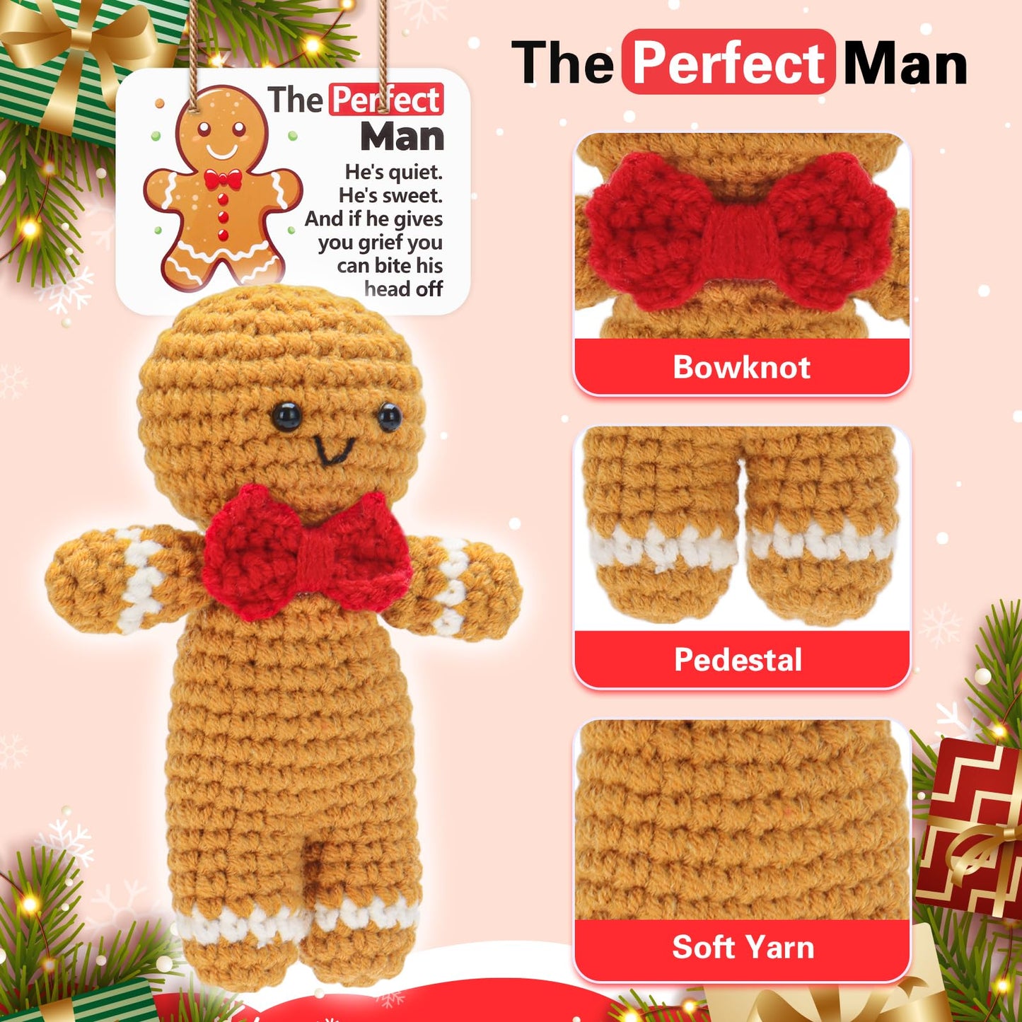 A AIFAMY Positive Gingerbread Doll Funny Handmade Crochet Christmas Stuffed Animals with Affirmation Card for Christmas Decor Gag Gift