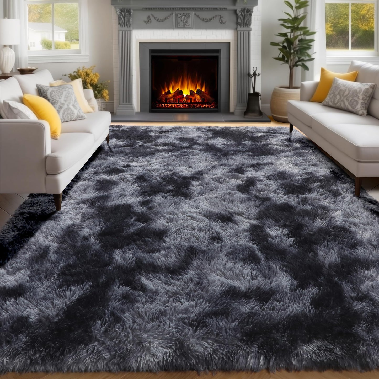 PAGISOFE Abstract Shaggy Area Rug 4' x 6' Plush Furry Rugs for Living Room, Tie-Dyed Dark Grey Soft Fluffy Rugs for Bedroom Grils Boys, Fuzzy Rug for Nursery, Dorm. Shag Carpet for Kids Room Decor