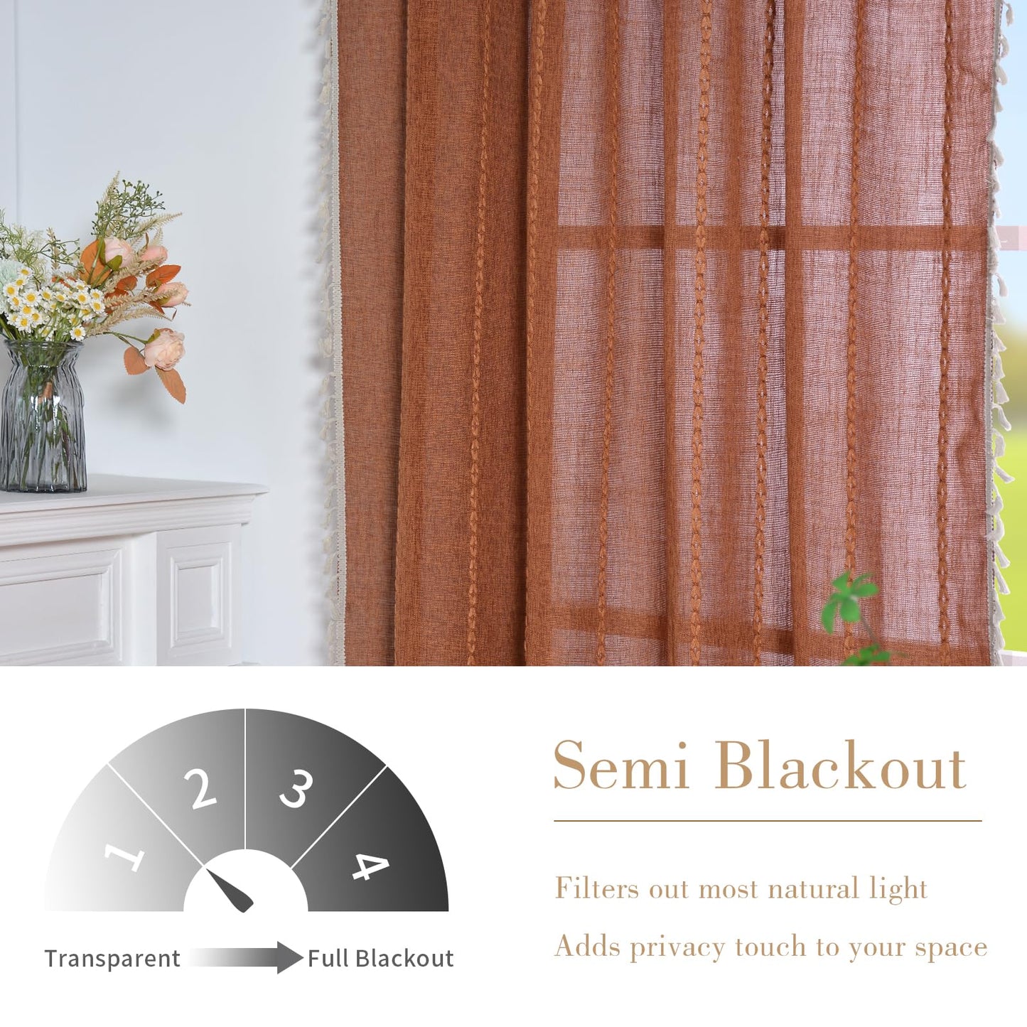 Schweek Terracotta Boho Curtains 84 Inch Length Burnt Orange Farmhouse Curtains for Living Room 2 Panels, Linen Bohemian Tassel Rust Rustic Curtain Drapes