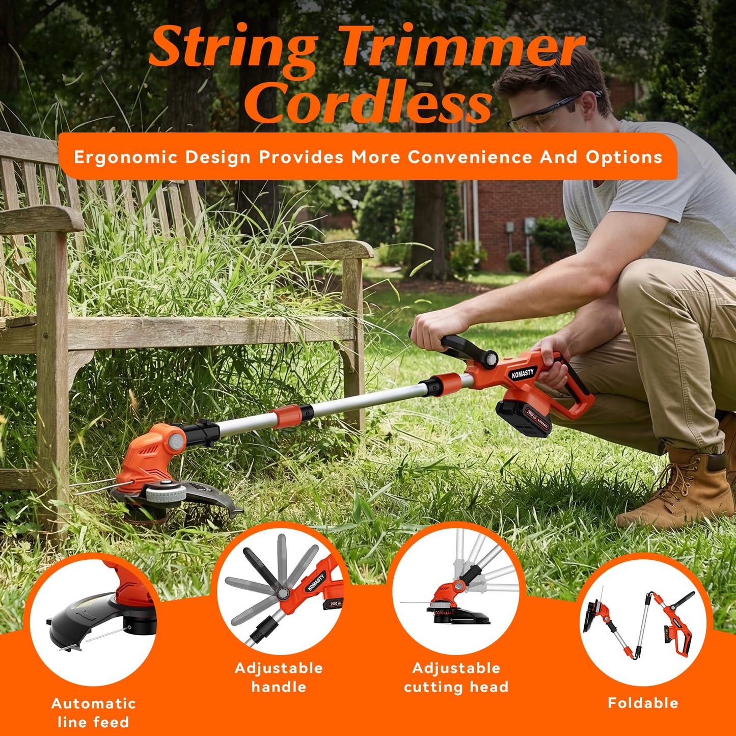 20V Electric Weed Wacker Cordless Edger Lawn Tool 2 X 2.0Ah Battery Powered Weed Eater with Charger, 12 Inch Lightweight String Trimmer, Auto Line Feed Grass Cutter Lawn Mower Garden Tools for Yard
