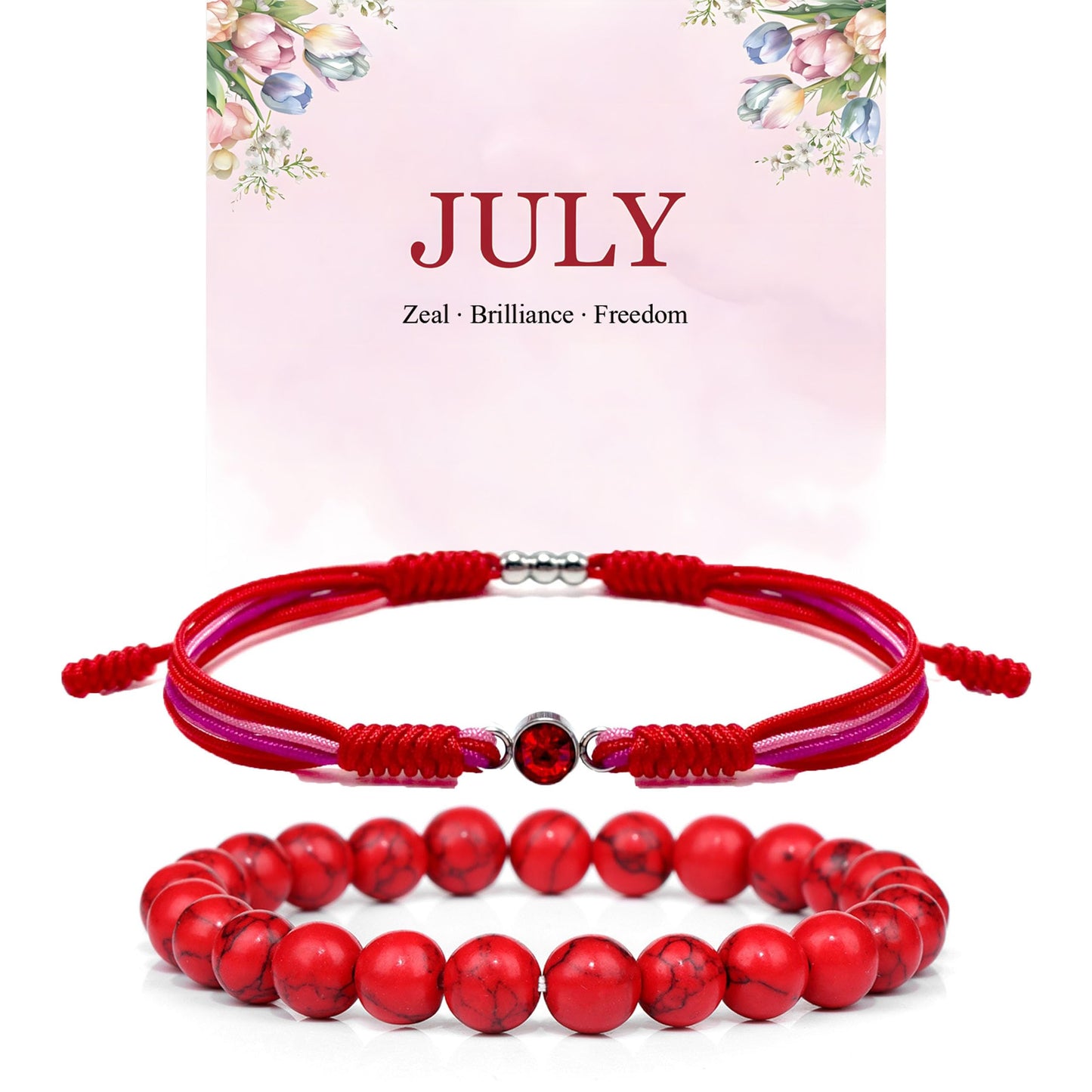Crgwxzl July Birthstone Bracelets for Women Men,Healing Crystal Protection Stone Red Turquoise Beads Bracelet,String Wrap Zodiac Month Bracelets Birthday Jewelry Gifts