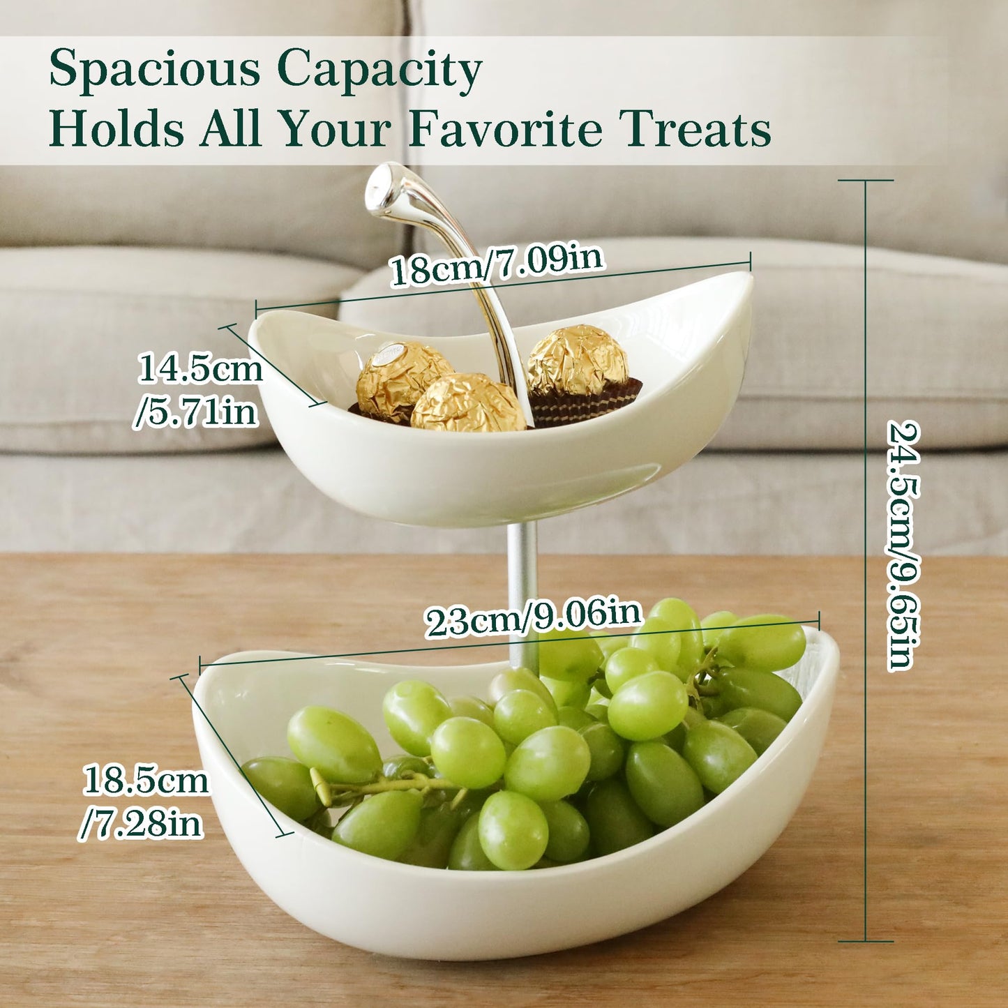 SEVEN SPARTA Double Layer Cherry-Shaped Ceramic Fruit Bowl, 2-Tier Countertop Fruit Basket for Kitchen, Modern Decorative Serving Platter for Fruits, Snacks, Candies (White)