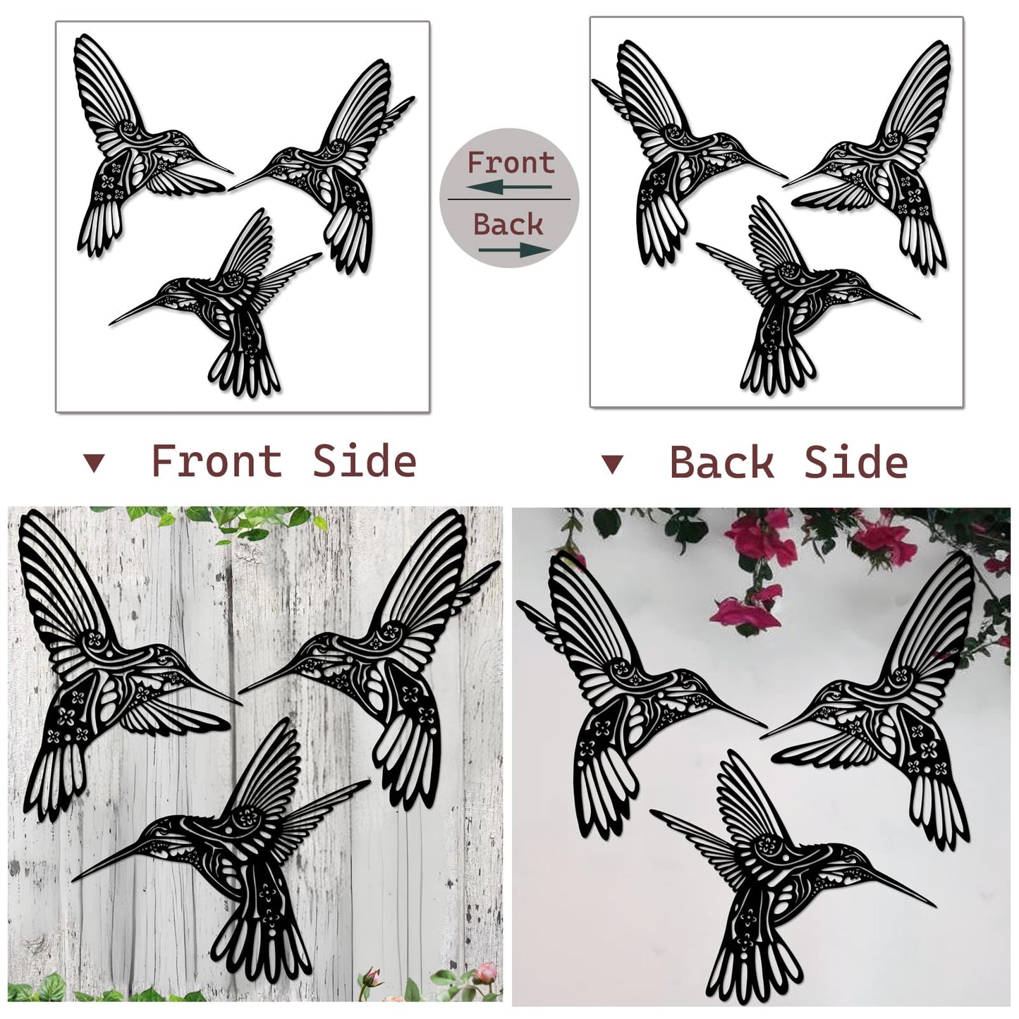 QZGXDECO Set of 3 Metal Hummingbird Wall Decor, 3D Iron Bird Wall Art for Outdoor Garden Fence, Patio & Yard Decorations, Large Hanging Sculptures for Living Room & Home, Gifts for Bird Lovers