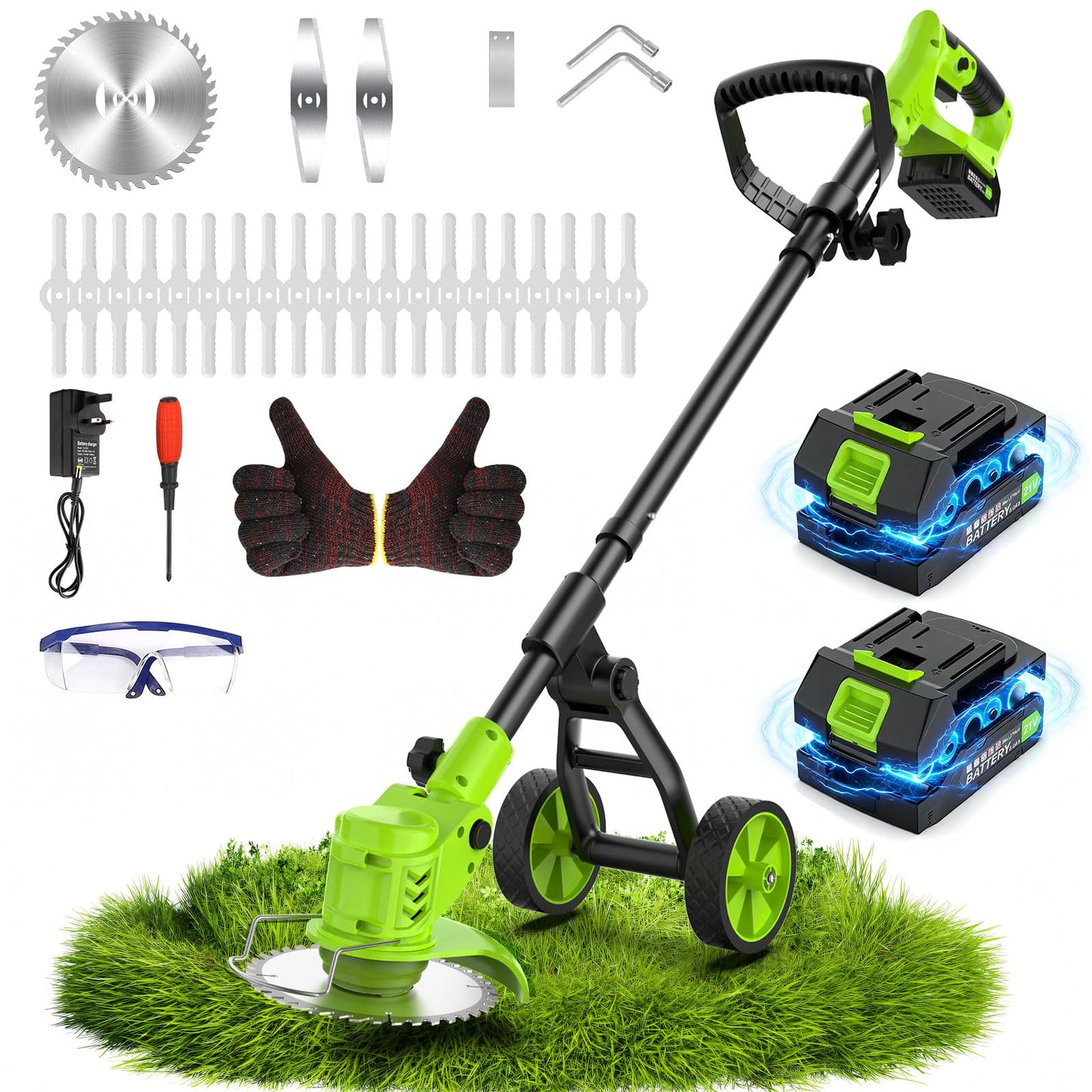 Electric Weed Wacker Cordless with Wheel, 4 in 1 Weed Eater Battery Powered Brush Cutter String Trimmer Edger, 4000mAh Stringless Weed Trimmer Lightweight Grass Trimmer Mower