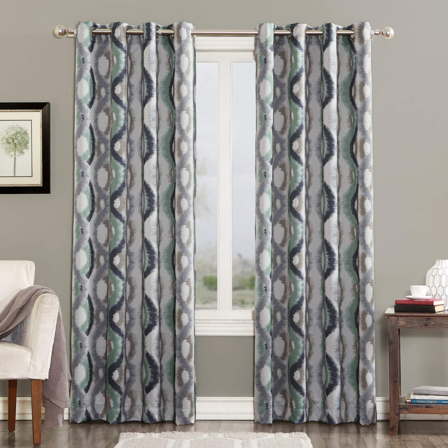 Sun Zero Burbank Watercolor Ogee Energy Efficient Grommet Curtain Panel, 54" x 63", Linen