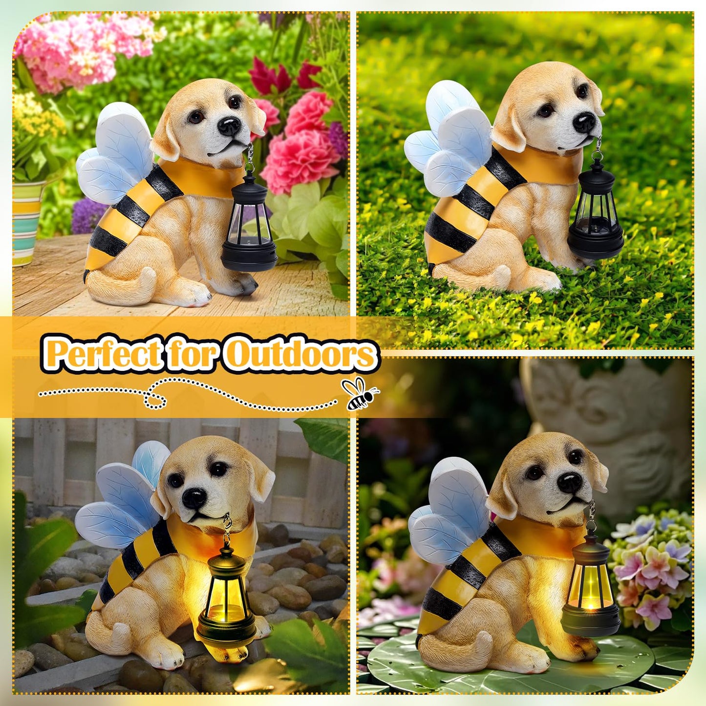 Aclema Solar Garden Statue - Honeybee Dog Figurine with LED Lantern, Resin Outdoor Decor for Patio, Lawn & Yard, Garden Art, Ideal Gift for Mom, Grandma, Housewarming