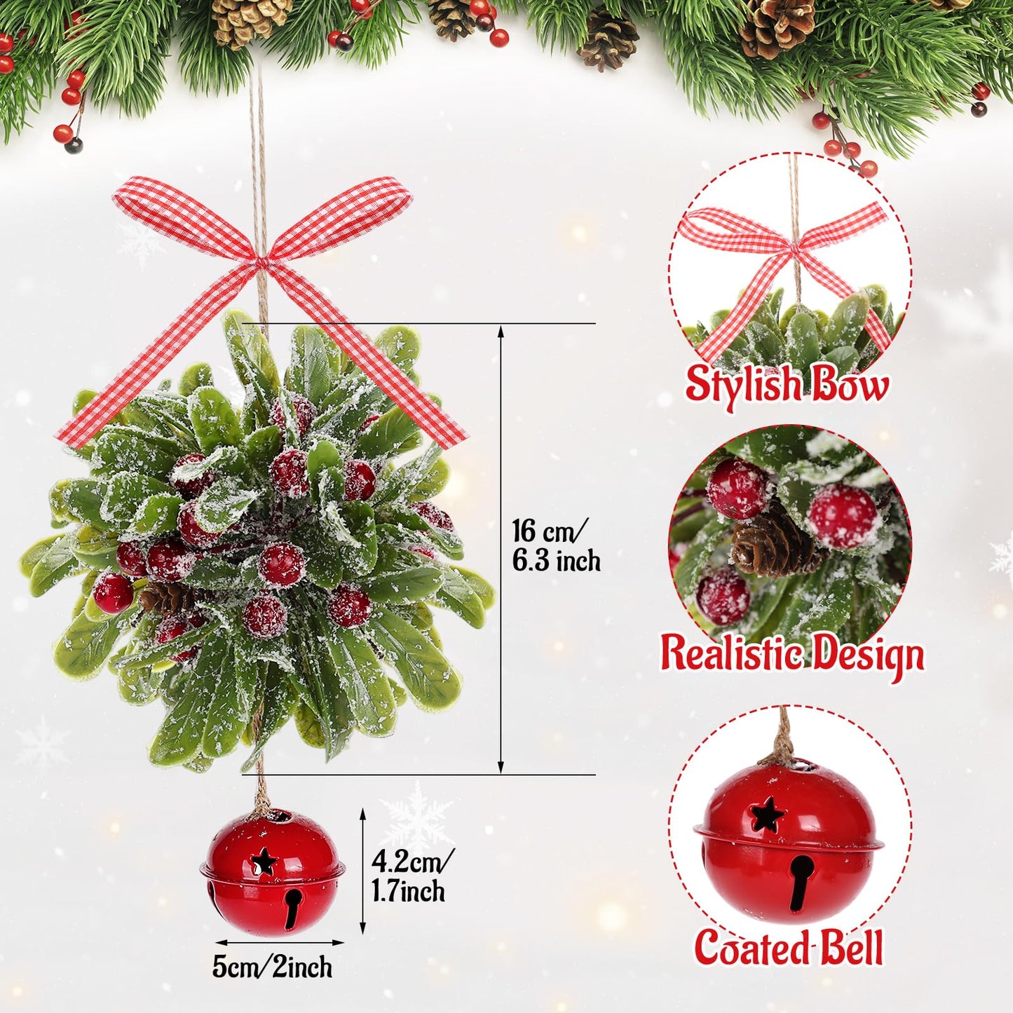 Forwe Mistletoe Christmas Decor Artificial Mistletoe Kissing Ball Ornament with Bell Bow Berries Hanging Christmas Decorations for Doorway Arch Light Fixture Xmas Tree (Red)