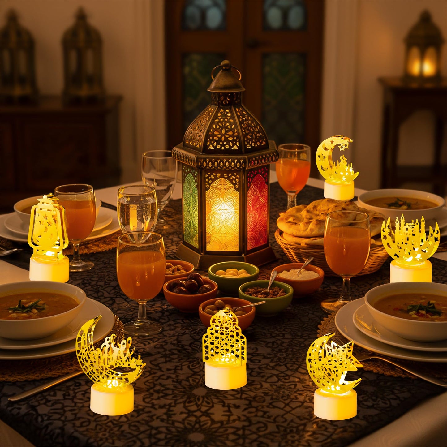 CUweipeng Ramadan Mini Lantern Lights Decoration - 6 Pcs Gold Moon Castle Lighthouse Eid Mubarak Lamp Plastic LED Night Light for Eid Ramadan Party Home Indoor Outdoor Bedroom Tabletop Decoration