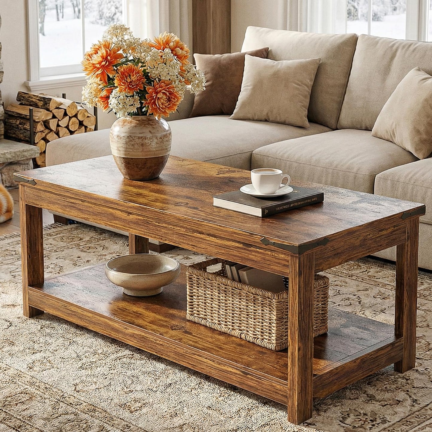 Homieasy 43.3” Rectangular Coffee Table with Storage Shelf, Farmhouse Wood Center Table for Living Room, Modern Black Tea Table with Open Shelf, Rustic Brown