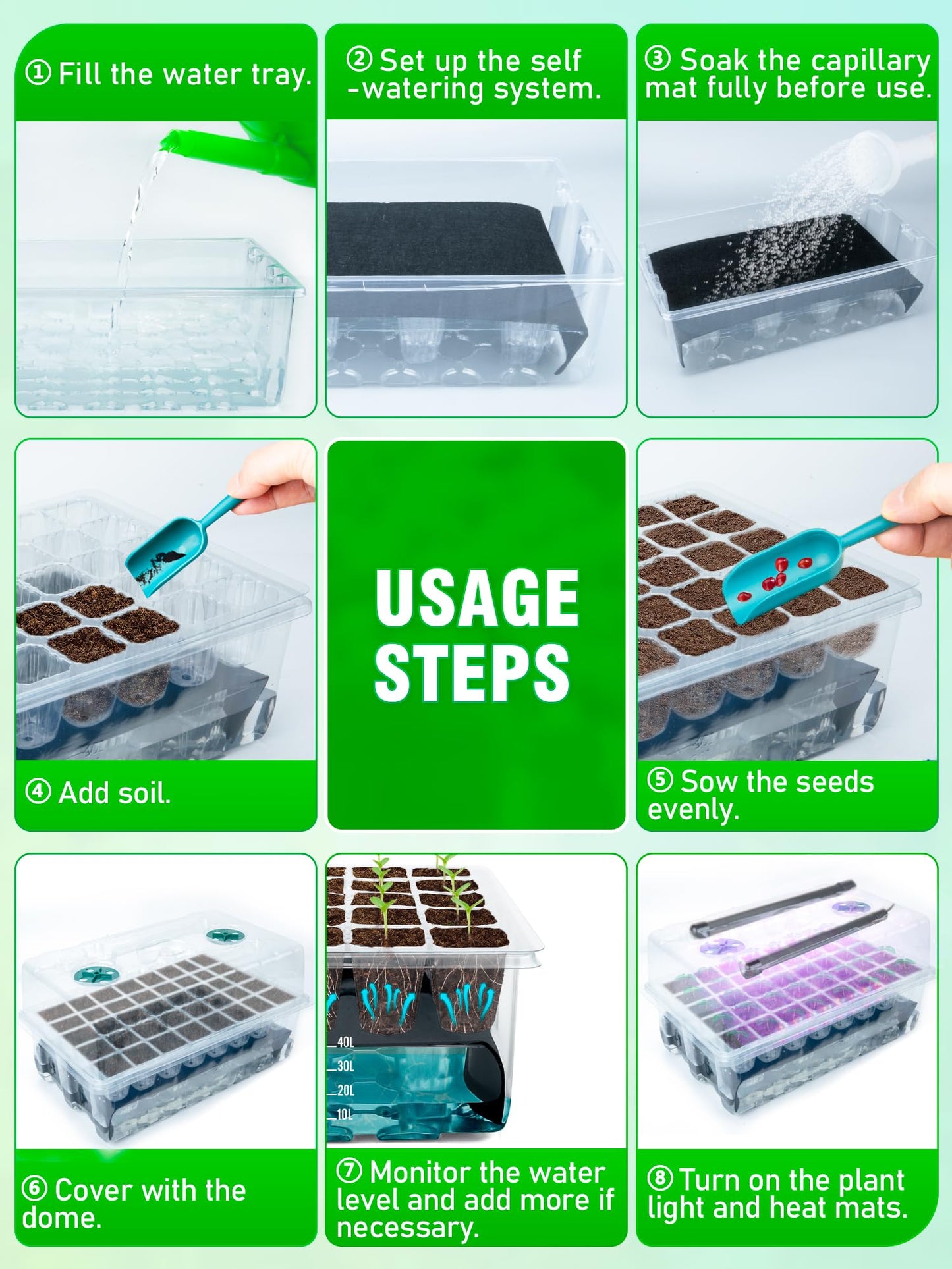 Hugbow Self-Watering Seed Starter Tray with Grow Light, 80-Cell Plant Starter Trays Seed Starter Kit, Seed Starter Tray for Seed Starting, Plant Germination & Seedling Growing, 2 Pack