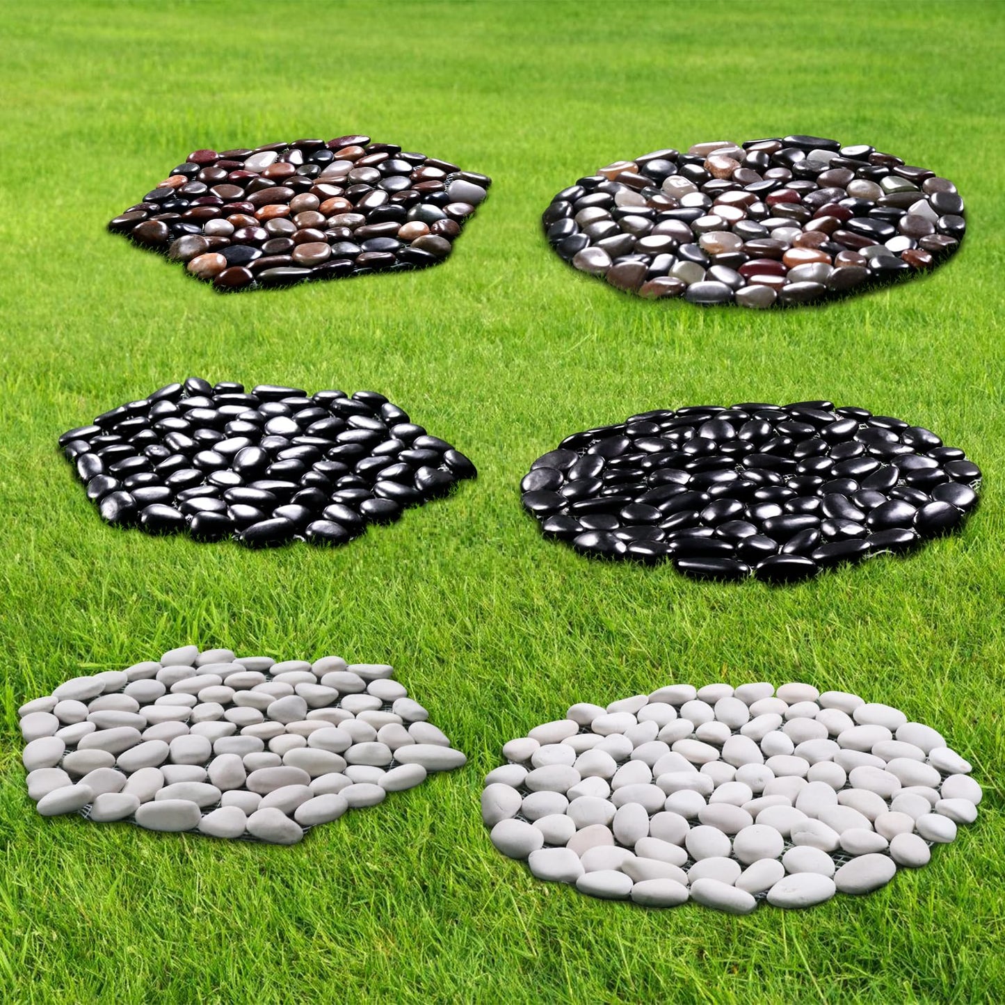 Ausluru 10in River Rock Stepping Stones Set - 6 Pack | Polished Pebble | Long-Lasting PVC Mesh Backing | Perfect for Garden Paths and Lawns Outdoor Landscaping Decoration | Rhombus and Round Set