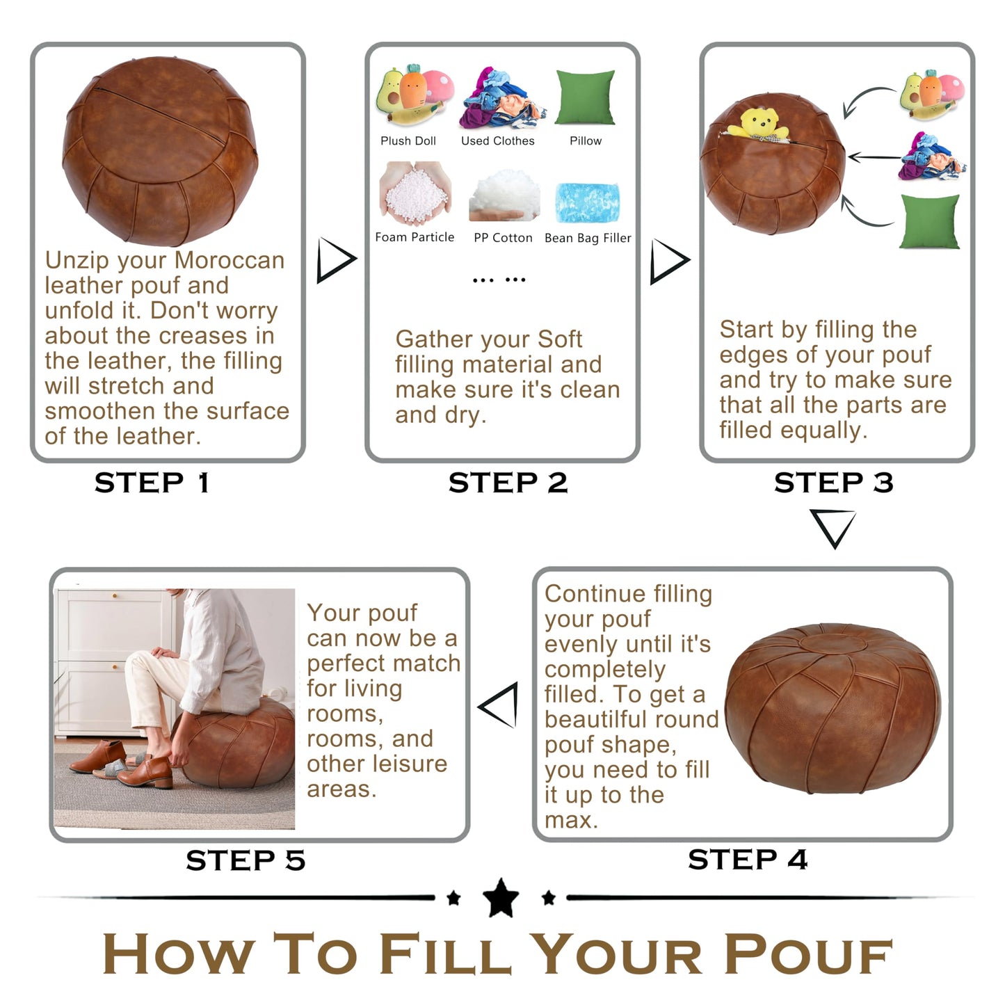 Thgonwid Round Unstuffed Pouf Cover, Leather Foot Stool Ottoman with Storage, Bean Bag Floor Chair, Multi Functional Footrest for Living Room, Bedroom or Balcony (Brown)