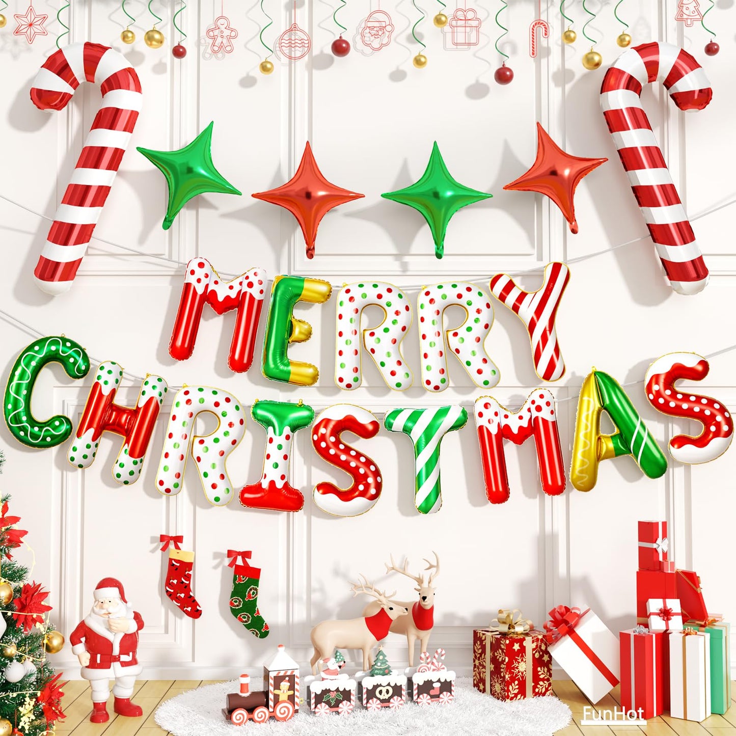FunHot Merry Christmas Balloons Banner, Donut Merry Christmas Foil Balloons, 16 Inch Xmas Letter Balloon with Mini Candy Cane Green Red Star Balloon for Xmas Indoor Outdoor New Year Party Decor