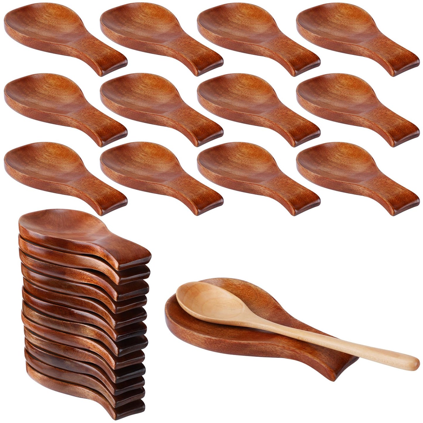 AceOrbit 12 Pack Wood Spoon Rest for Stove Top Bamboo Spoon Holder for Kitchen Counter Utensil Rest for Spatula, Ladles, Forks, Tongs, Modern and Rustic Dining Table Decor