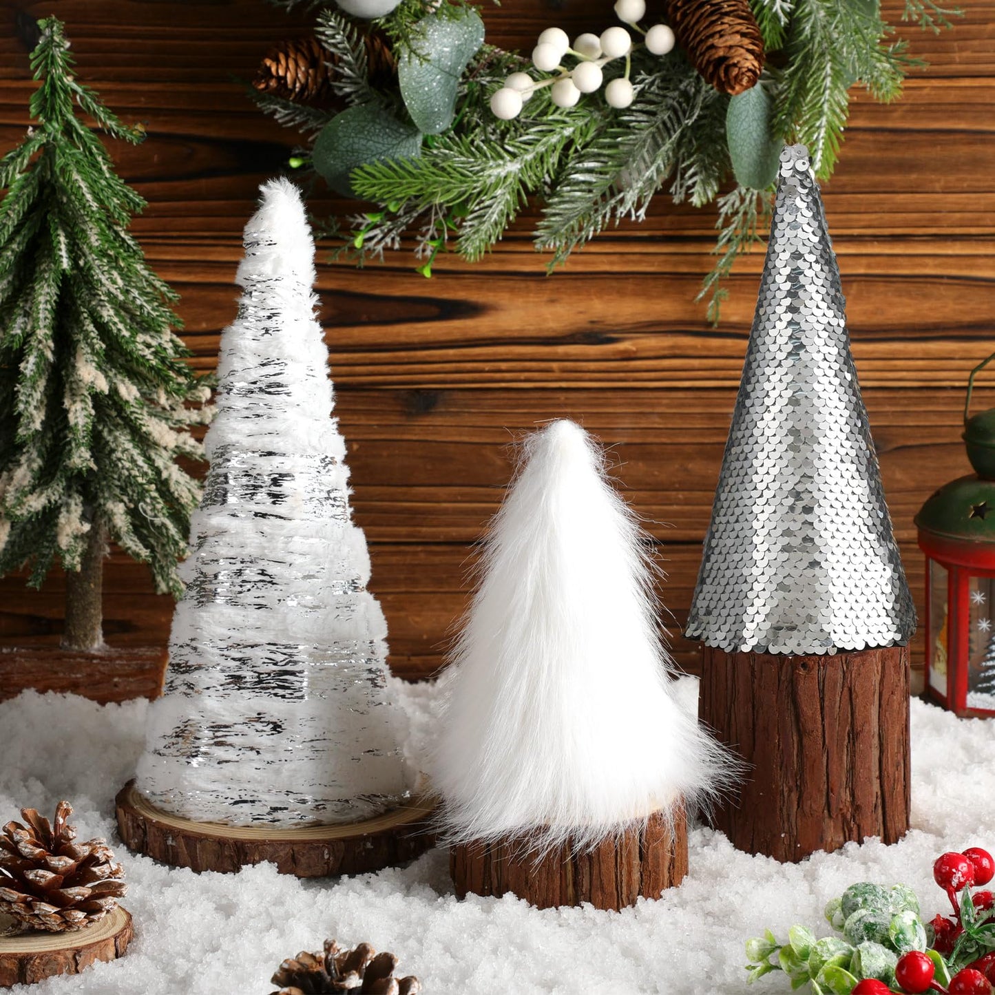 Kigley 6 Pcs White Feather Christmas Cone Tree 10.5" 8" 6" Cone Pedestal Decor Silver Sequins Christmas Tree Table Decorations Xmas Table Centerpiece Farmhouse Xmas Home Winter Holiday Tabletop Decor