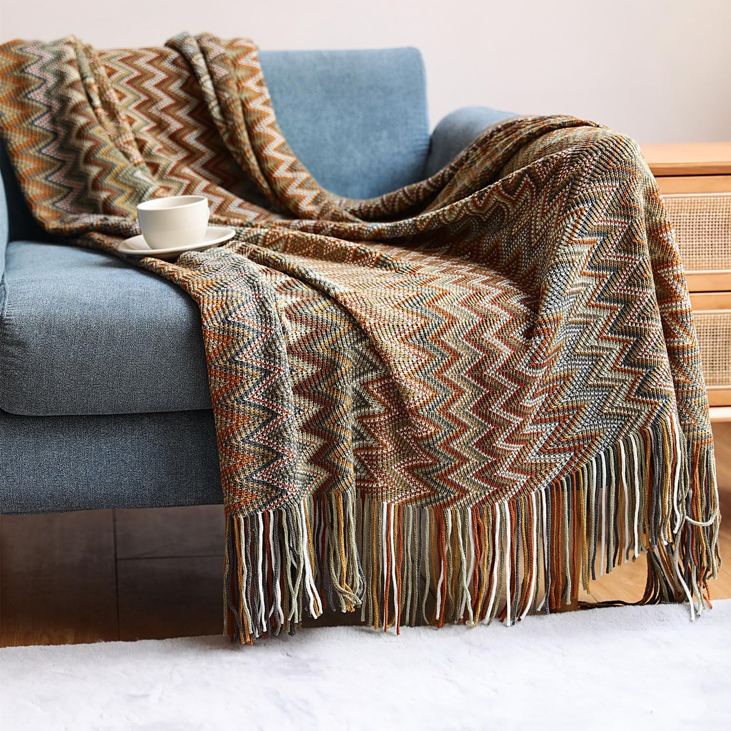 D DODOU Boho Bohemian Throw Blanket for Couch Sofa Bed, Soft Cozy Lightweight Boho Blankets Knitted with Tassel, Decorative Blanket All Season 50x60 inches (Yellow)
