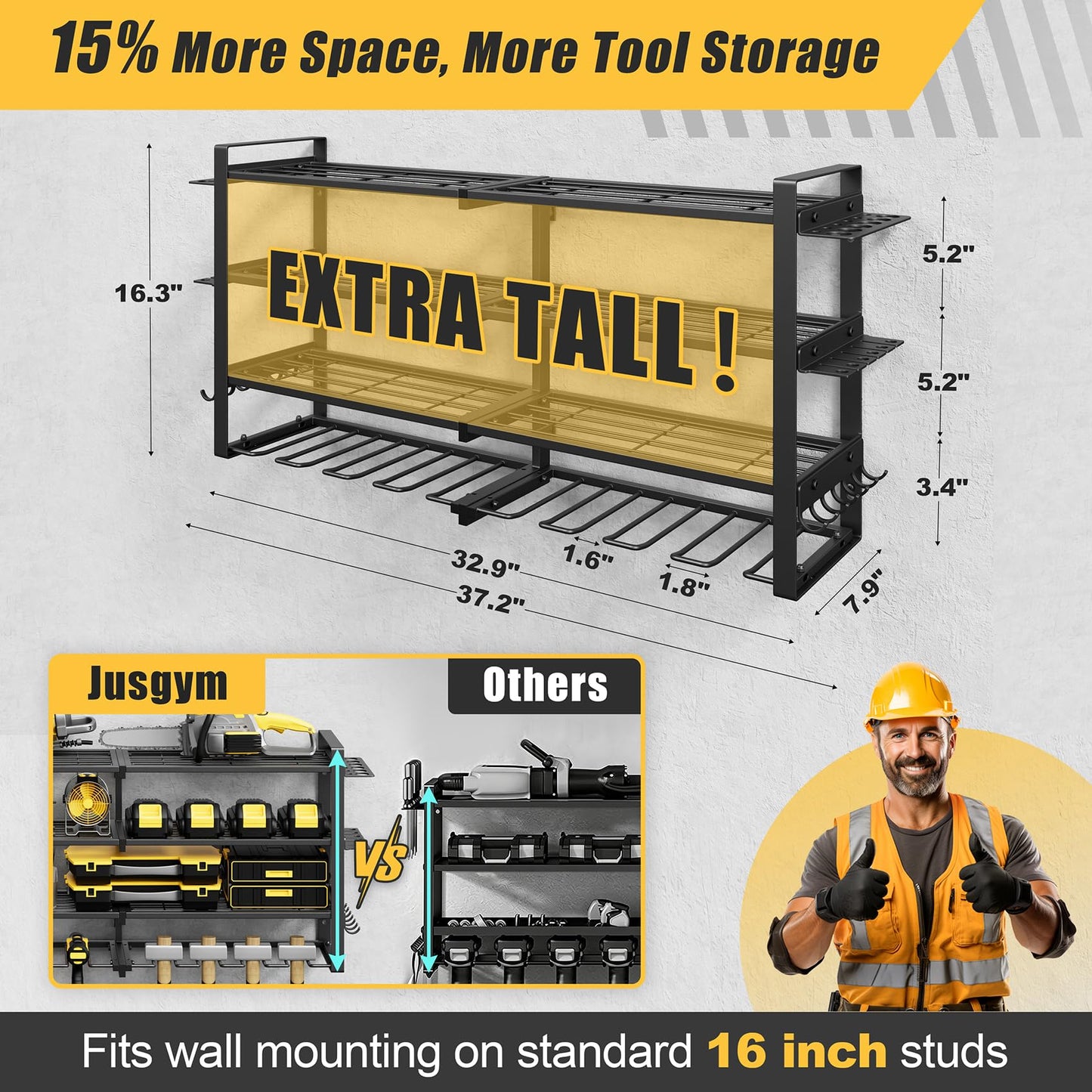 Jusgym Power Tool Organizer Wall Mount |450lbs Garage Tool Storage Rack with 8 Cordless Drill Holder |4-Tier 32''W Heavy Duty Garage Organization |Fathers Day Dad Gifts for Men
