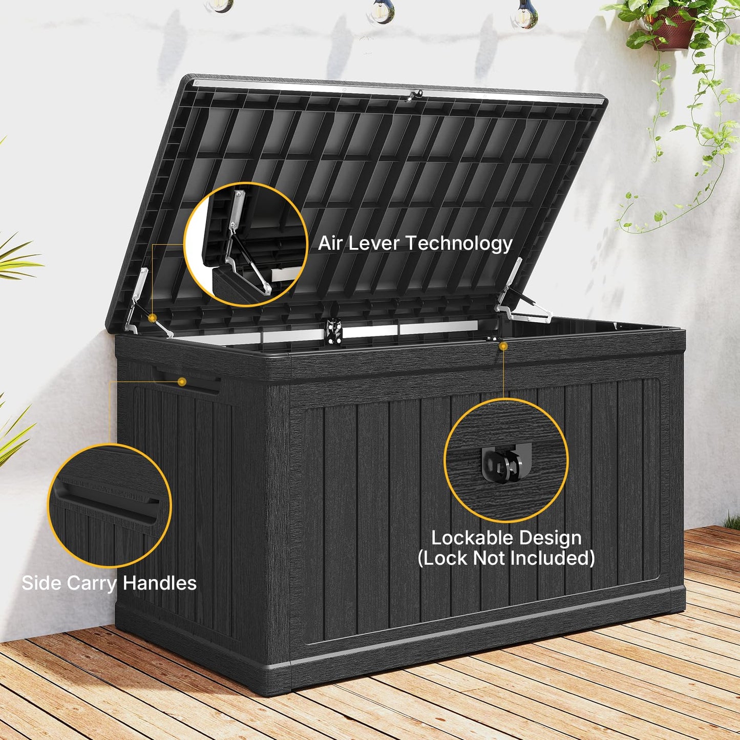Skepphlay 230 Gallon Deck Box Extra Large, Outdoor Storage Box Lockable, Patio Storage Box Waterproof and UV Resistant, 1000lbs Load Capacity for Garden, Patio, Pool (Black)