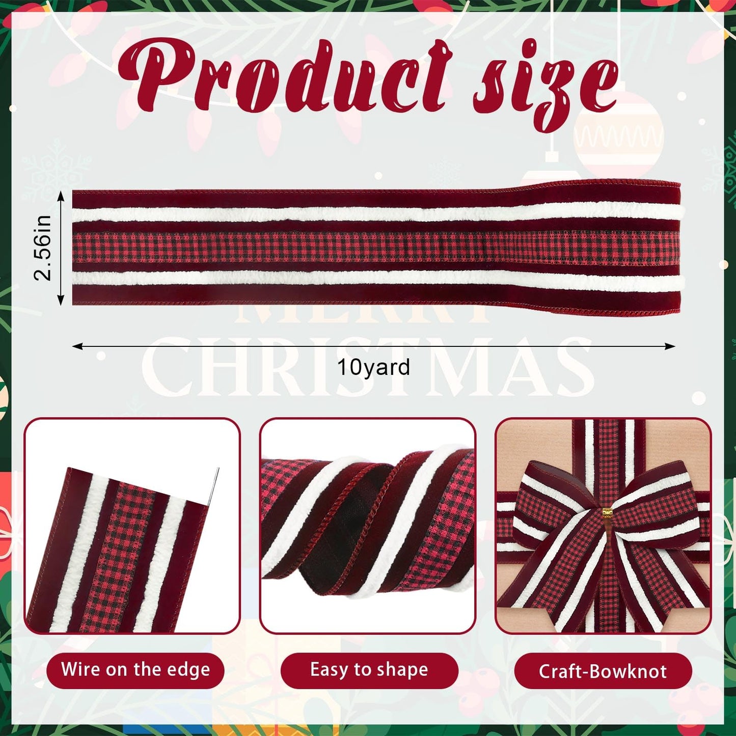 2.5" × 10 Yards Christmas Ribbons for Bows, Xmas Wired Edge Ribbon Winter Holiday Red Velvet Ribbons for Gift Wrapping Christmas Decoration Supplies