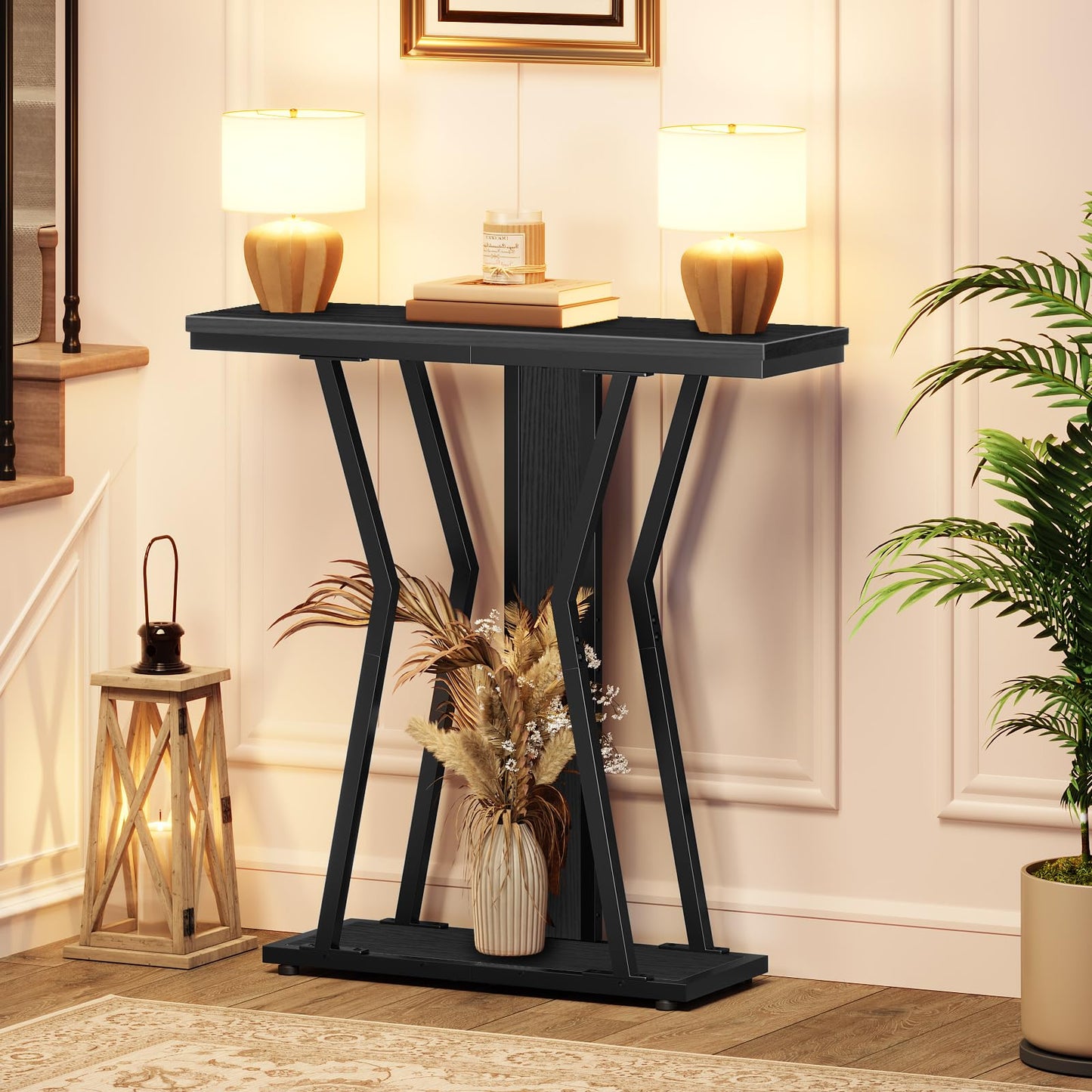 HOOBRO Narrow Console Table, 29.5" Small Entryway Table with Storage, 2-Tier Sofa Table Behind Couch, Modern Style, for Living Room, Hallway, Foyer, Bedroom, Black BB66XG01