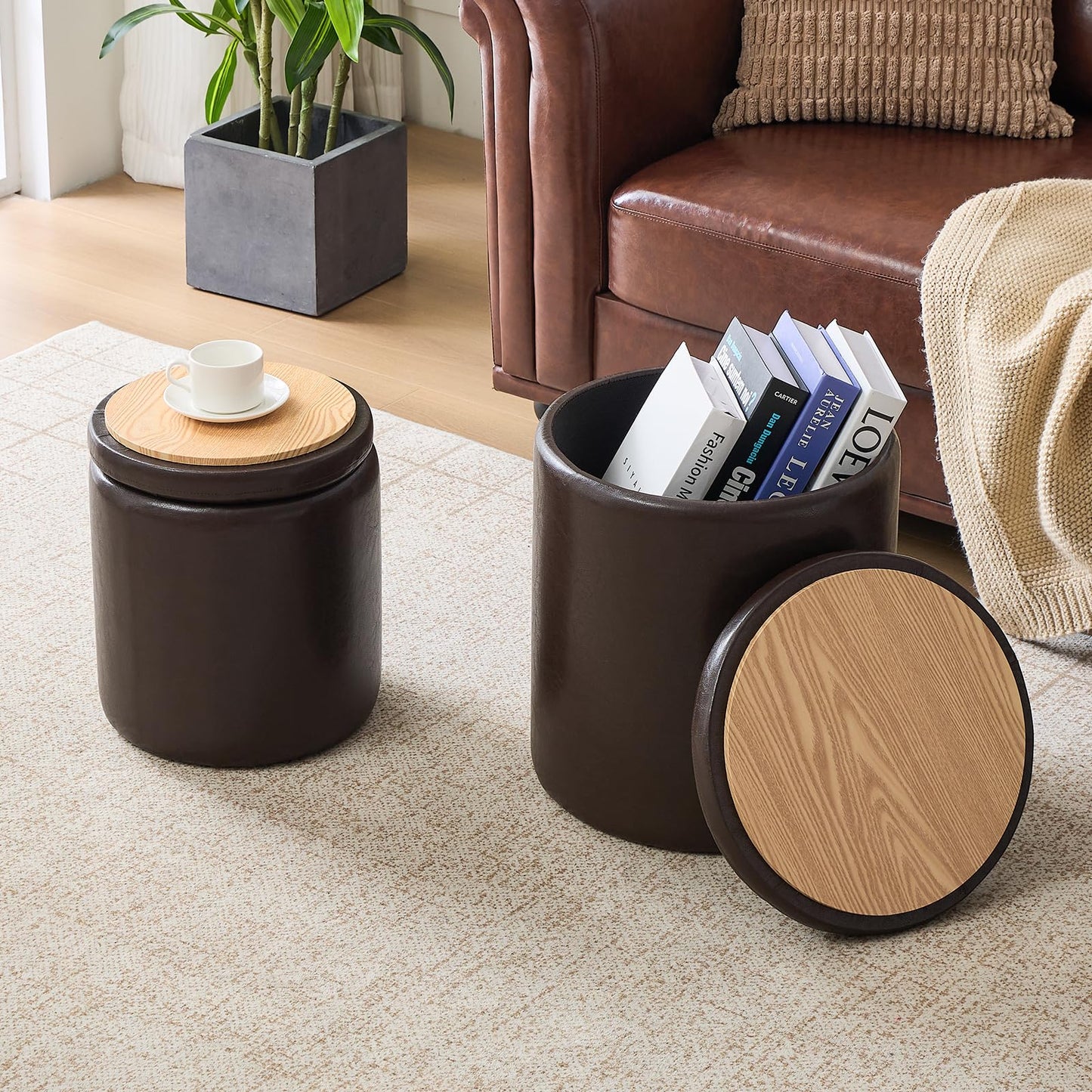 oakvivo Round Set of 2 14.76" L x 14.76" W x 17.32" H Faux Leather Ottoman with Storage, Small Foot Rest Storage Ottomen with Lid Living Room, Bedroom Vanity Stool Chair, Coffee