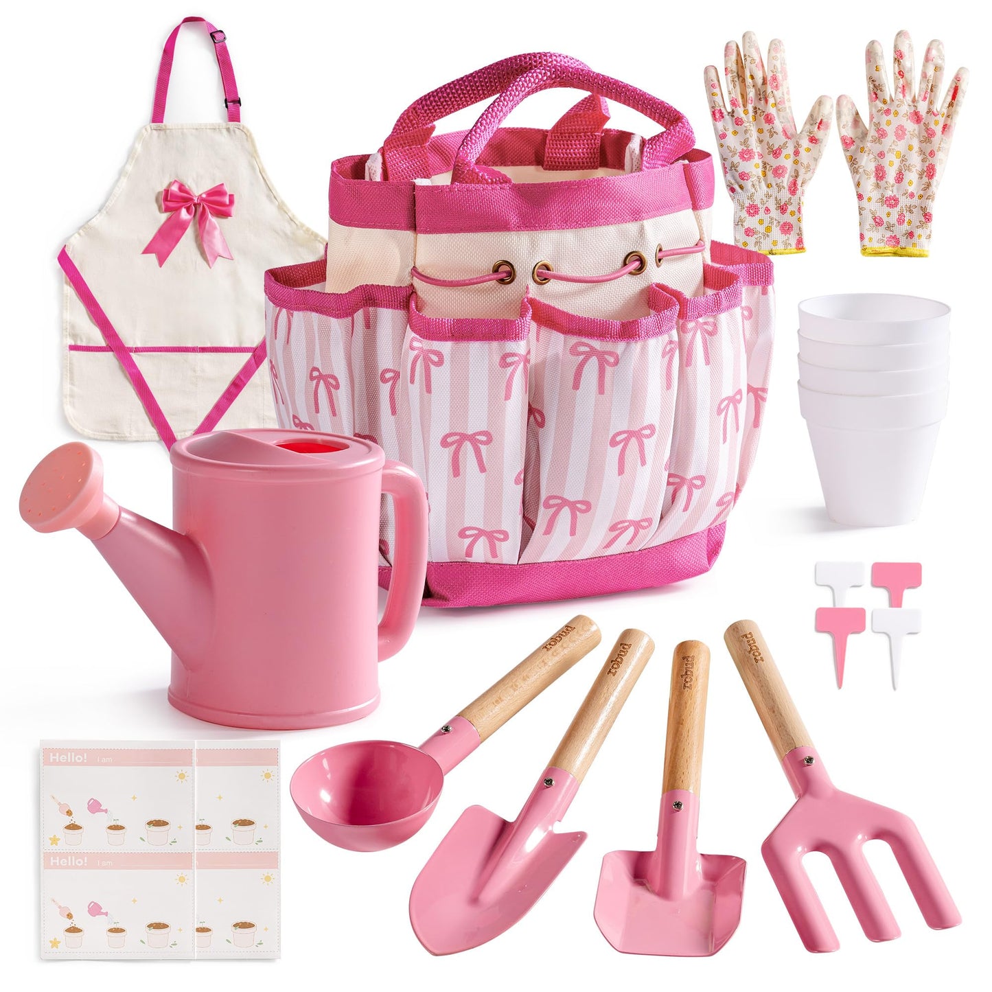 ROBUD Kids Gardening Set 18 PCS Bow Theme Garden Tools for Kids with Storage Bag, Apron, Waterproof Gloves, and Planting Cards – Educational Outdoor STEM Gardening Toy Gift for Girls and Toddlers
