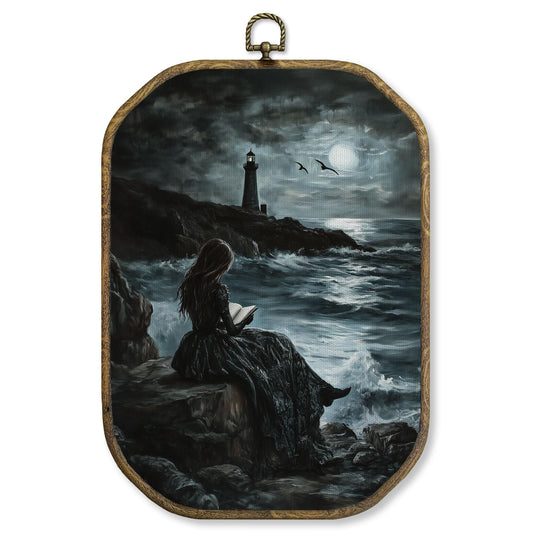 WUHSDIBC Moody Gothic Coastal Women Reading Octagon Wall Art Decor, Dark Academia Victorian Ocean Framed Canvas Art Prints, Bookish Wall Hanging Decor for Home Reading Room Library, 10.2x7 Inches