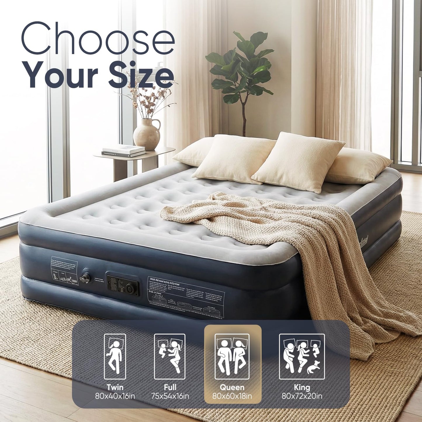 Sekey Queen Air Mattress with Built-in Pump, 18" Raised Inflatable Bed with Anti-Deflation Technology, Odorless & Puncture Resistant Blow Up Mattress for Home Guests & Travel, 660 lbs Capacity