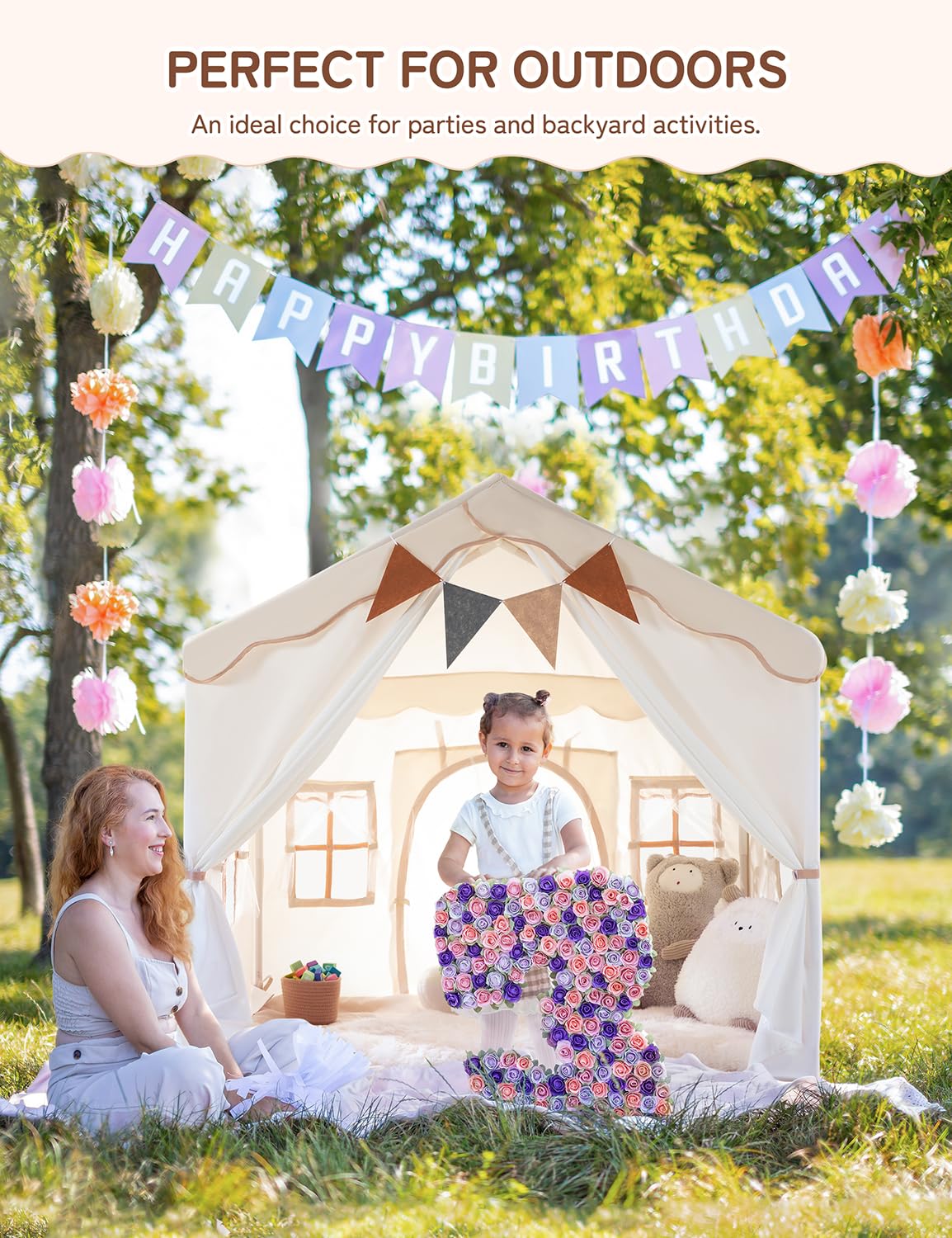 Besrey Kids Play Tent 2 in 1 with Padded Mat and Lights, Large Kids Playhouse with 2 Doors & 4 Windows, Indoor & Outdoor, Christmas Toddler Tent, 51" x35" x 51"