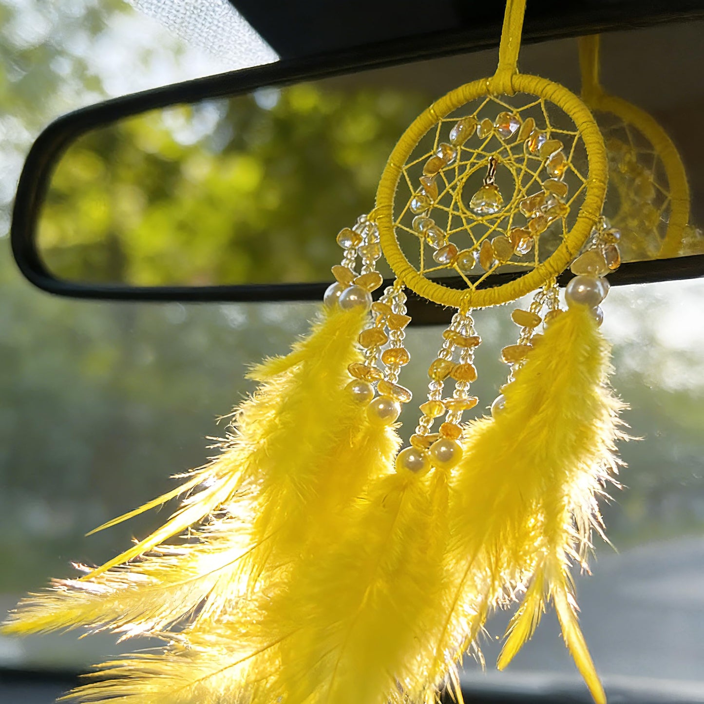 Small Dream Catcher for Car Handmade Boho Hanging Decor for Car Interior Rear View Mirror Feathers Dream Catchers Charms Ornament(Yellow)
