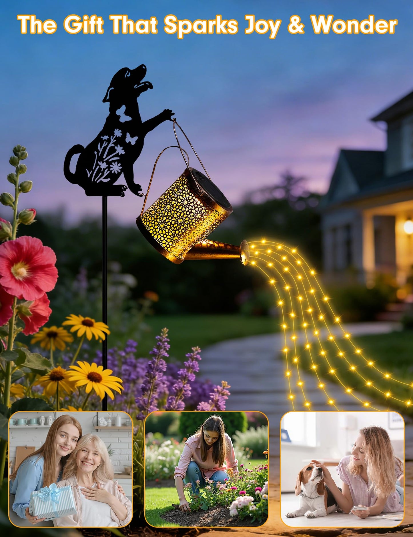 Solar Watering Can Lights with Cascading Light, Solar Lights Outdoor Garden Decor, IP65 Waterproof Hanging Lantern, Hanging Gardening Decor for Outside Patio Porch Yard (Dog)