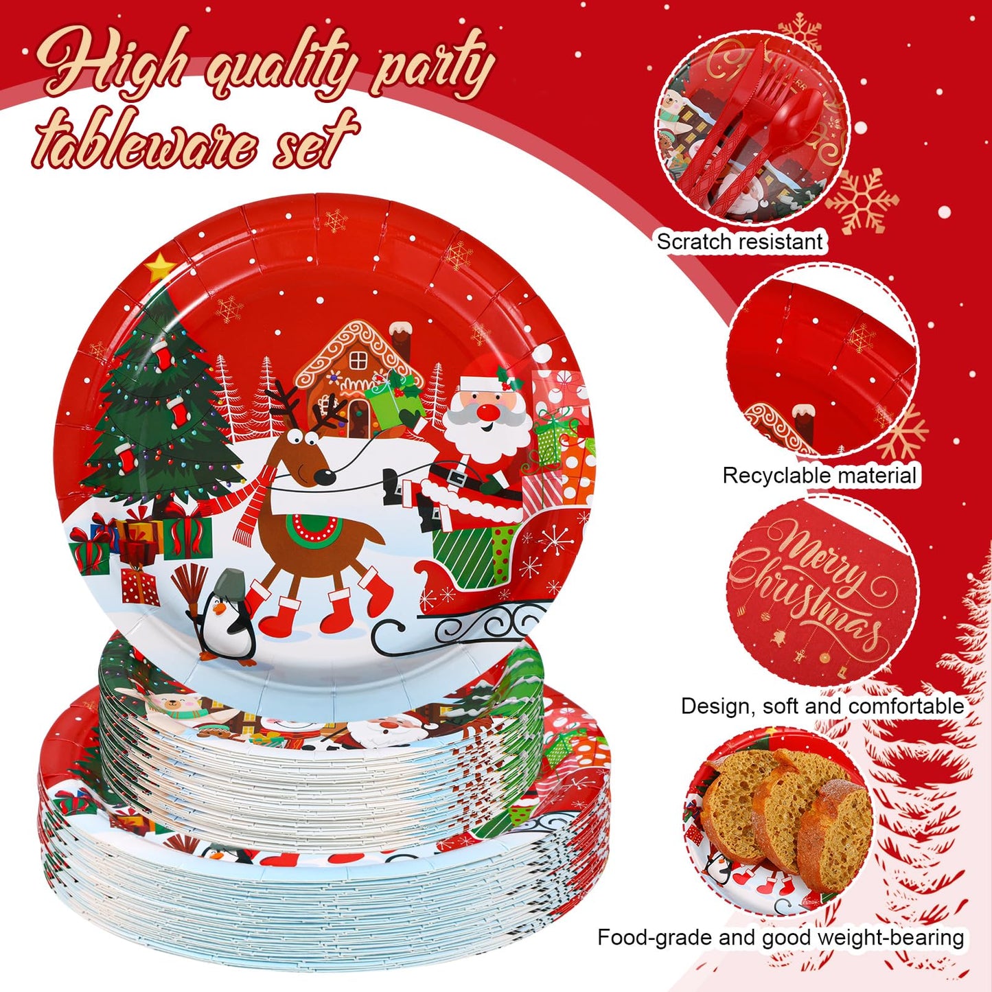 Maxdot 500 Pcs Christmas Party Supplies Merry Christmas Paper Plates Cups Napkins and Cutlery Set Disposable Xmas Party Tableware Set for Holiday Winter New Year Decoration Serves 50 Guests