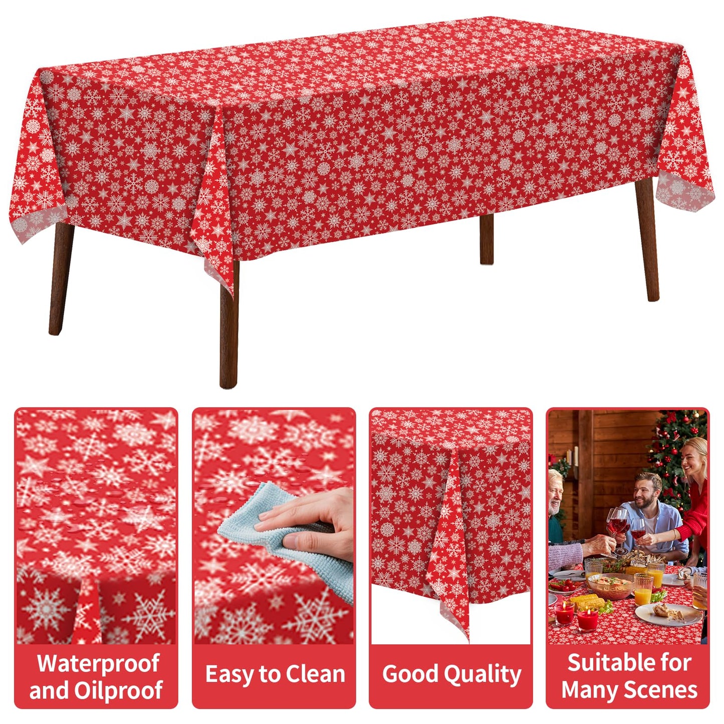 CXPSINC 4 Pack Disposable Snowflake Plastic Tablecloth - Christmas Table Cover for Party Decoration Supplies - 54 x 108 Inches Christmas Tablecloth (Red Snowflake)