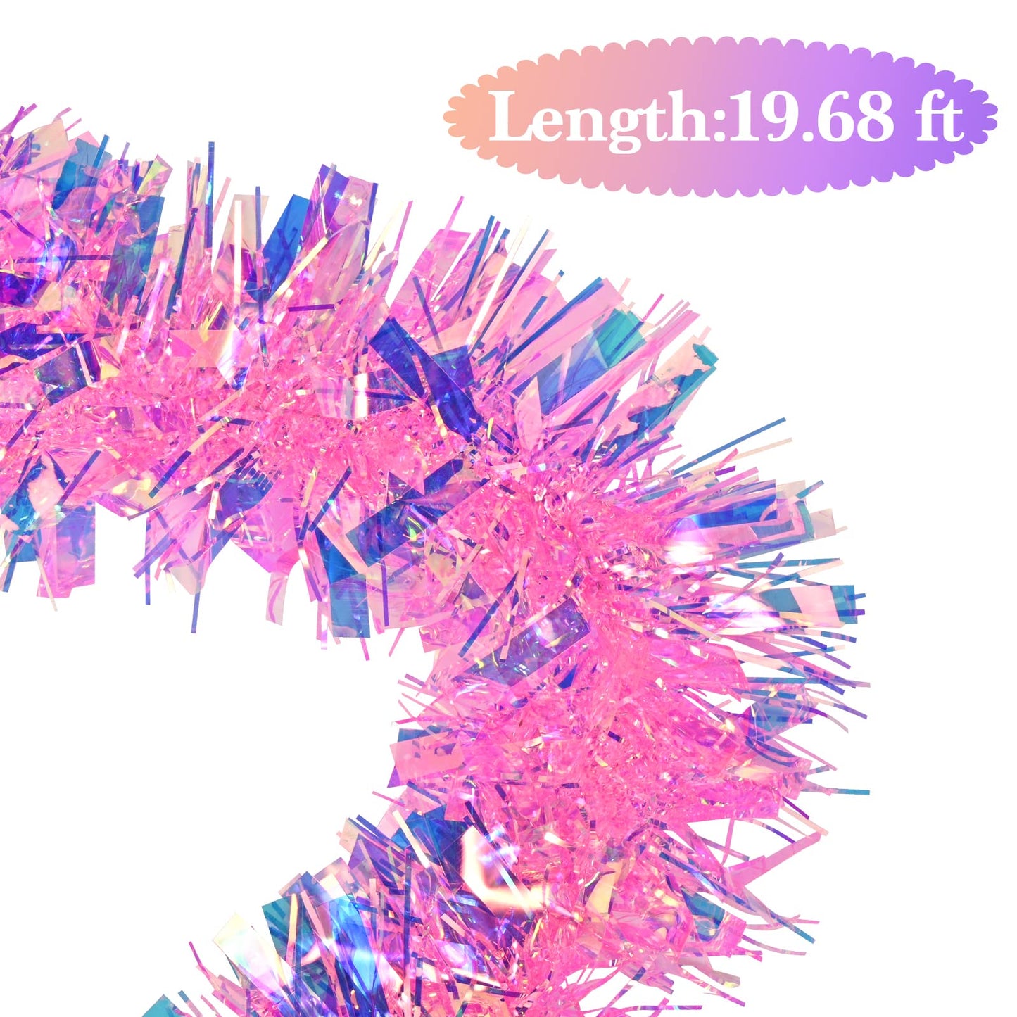 JXITON 20ft/6m Pink Christmas Tinsel Garland Iridescent Metallic Twisted Hanging Garland with Star for Chistmas Tree Fireplace Home Decoration