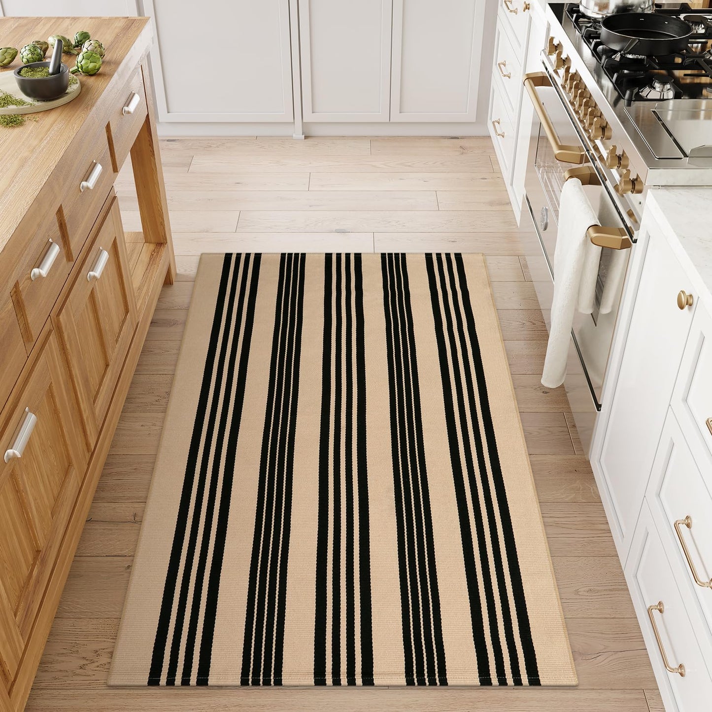Sungea Black and Khaki Striped Rugs 3x5, Outdoor Cotton Hand Woven Front Door Mat,Washable Reversible Layered Door Mats, Foldable Front Porch Rug for Entryway/Home Entrance/Farmhouse